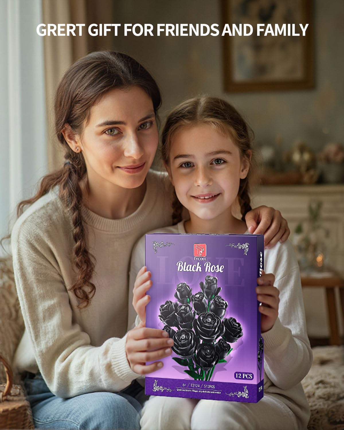 TYCOLE Black Roses Flower Building Set, Halloween Artificial Bouquet Kit Compatible with Legos Bricks - Indoor Plant Decorations for Home & Office - Romantic Gift for Women and Girls 6+