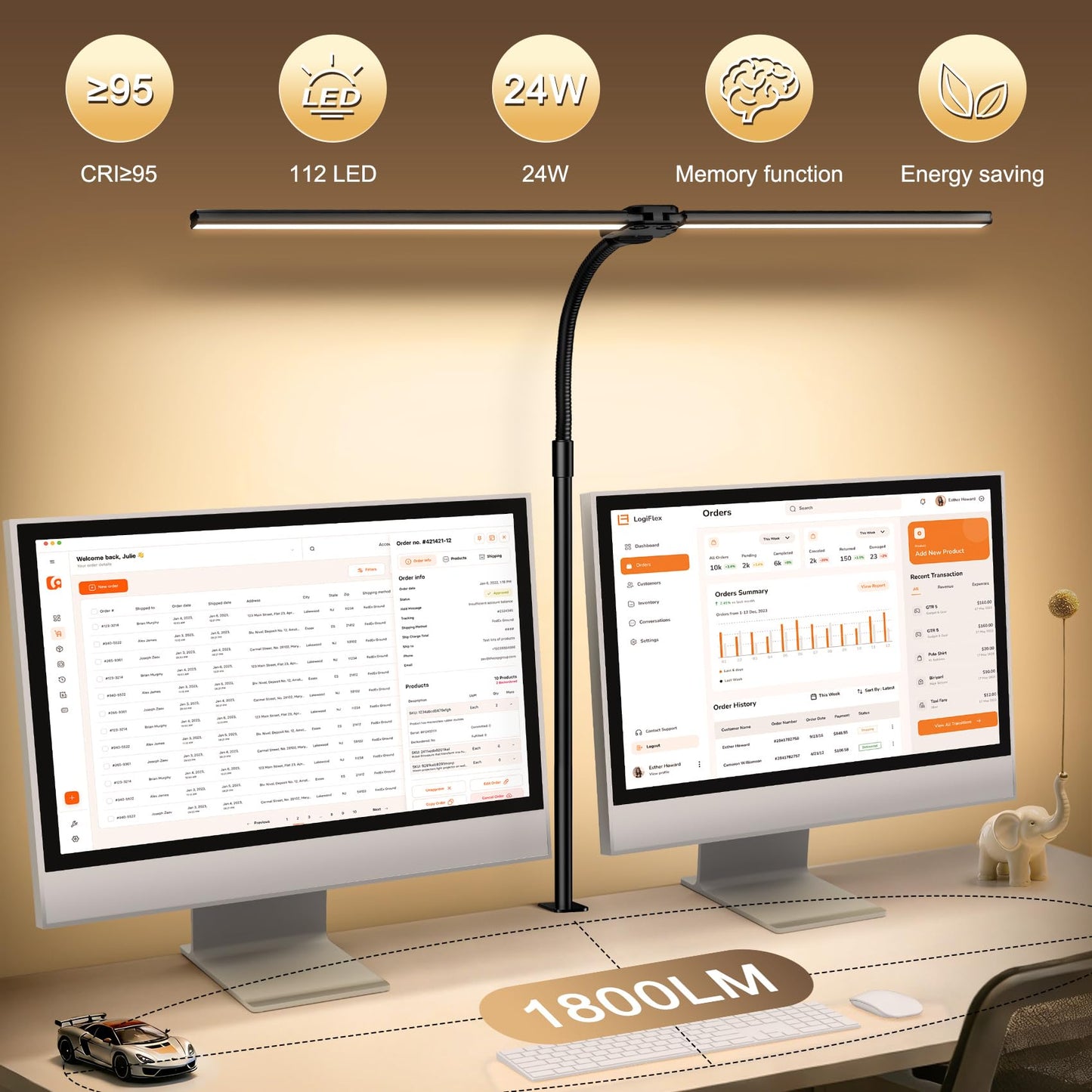 Eocean Dual-Head Desk Lamp, 1800LM 24W LED Architect Light with Remote & Button Control, 25 Lighting Modes & Clamp, CRI>95 No Flicker for Home Office Reading Gaming