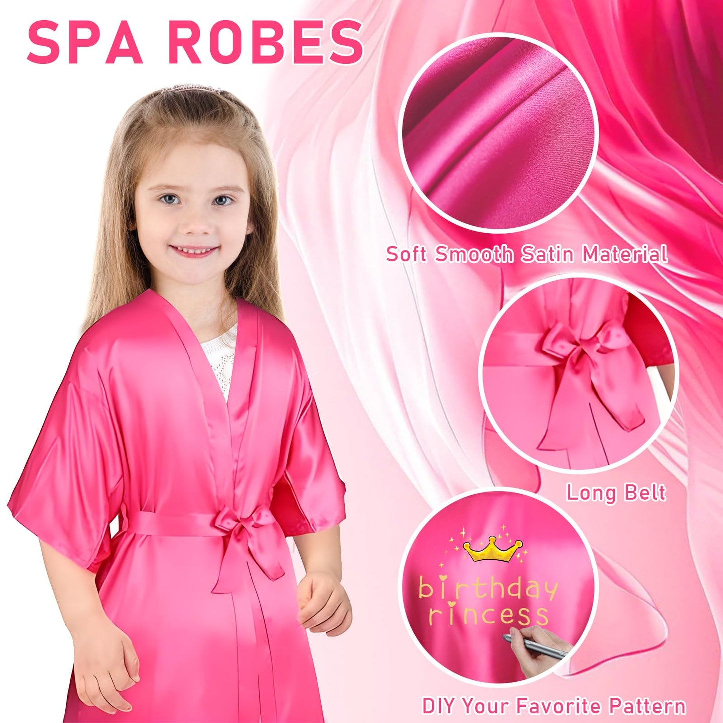 18 Pcs Spa Party Supplies for Girls 6 Satin Kimono Robe 6 Sleeping Eye Mask 6 Disposable Slippers for Flower Girl Kid Salon Pedicure Wedding Birthday Favors Washing Shower (Size 10, Rose Red)