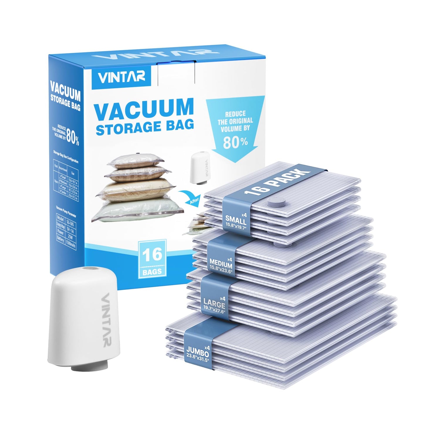 Vacuum Bags for Travel with Rechargeable Cordless Pump, VINTAR 16 Combo (4J+4L+4M+4S) Sealer Bags for Clothes Storage Travel, Space Saver Compression Packing for Suitcase and Luggage
