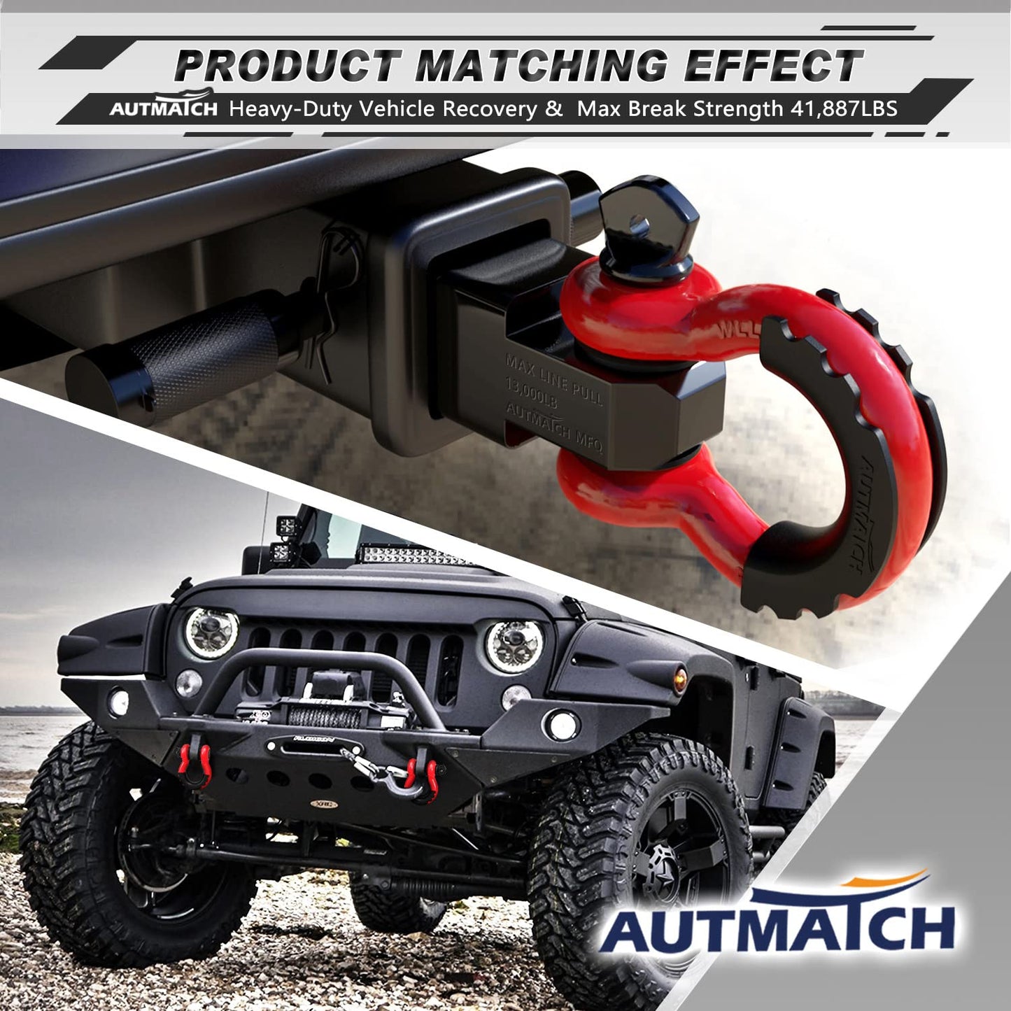 AUTMATCH D Ring Shackle 3/4" Shackles (2 Pack) 41,887Ibs Break Strength, Clevis Shackles with 7/8" Screw Pin and Shackle Isolator Washers Kit for Tow Strap Winch Off Road Vehicle Recovery, Red & Black