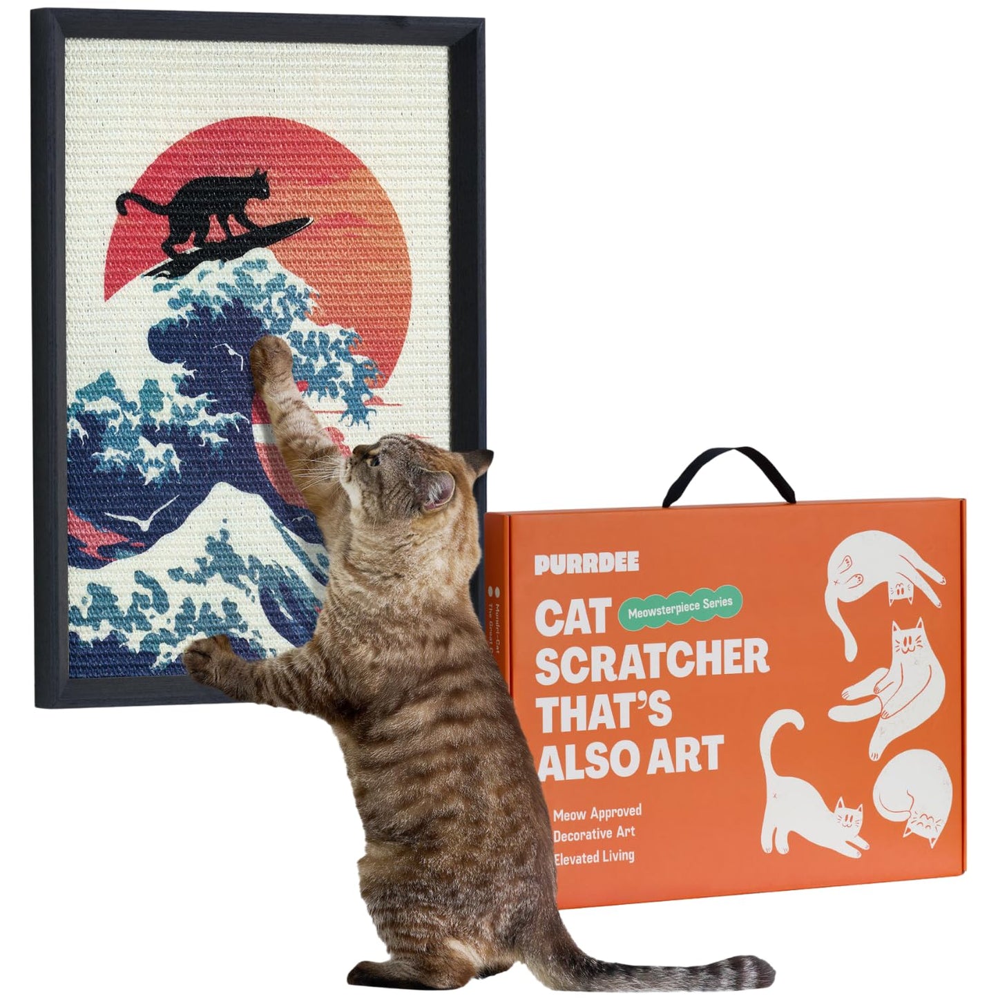 Wall Art Cat Scratcher with Vertical Mounted Design for Indoor Cats, Featuring a Durable 35x50cm Sisal Scratch Pad and Post for Scratching with Cute and Funny Look (Great Cat Wave)