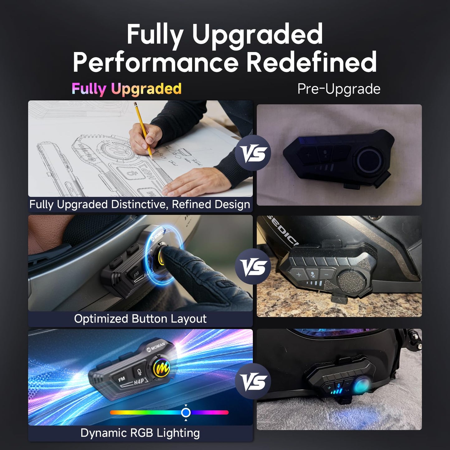 Motorcycle Helmet Headset, Moman RS-H4P Motorbike Helmet Speakers Dual Noise Reduction【New Upgrade】in Battery/RGB/Glove-Friendly Button/AI Voice/FM with 2 Mics Earphone for All Helmets and Solo Riding