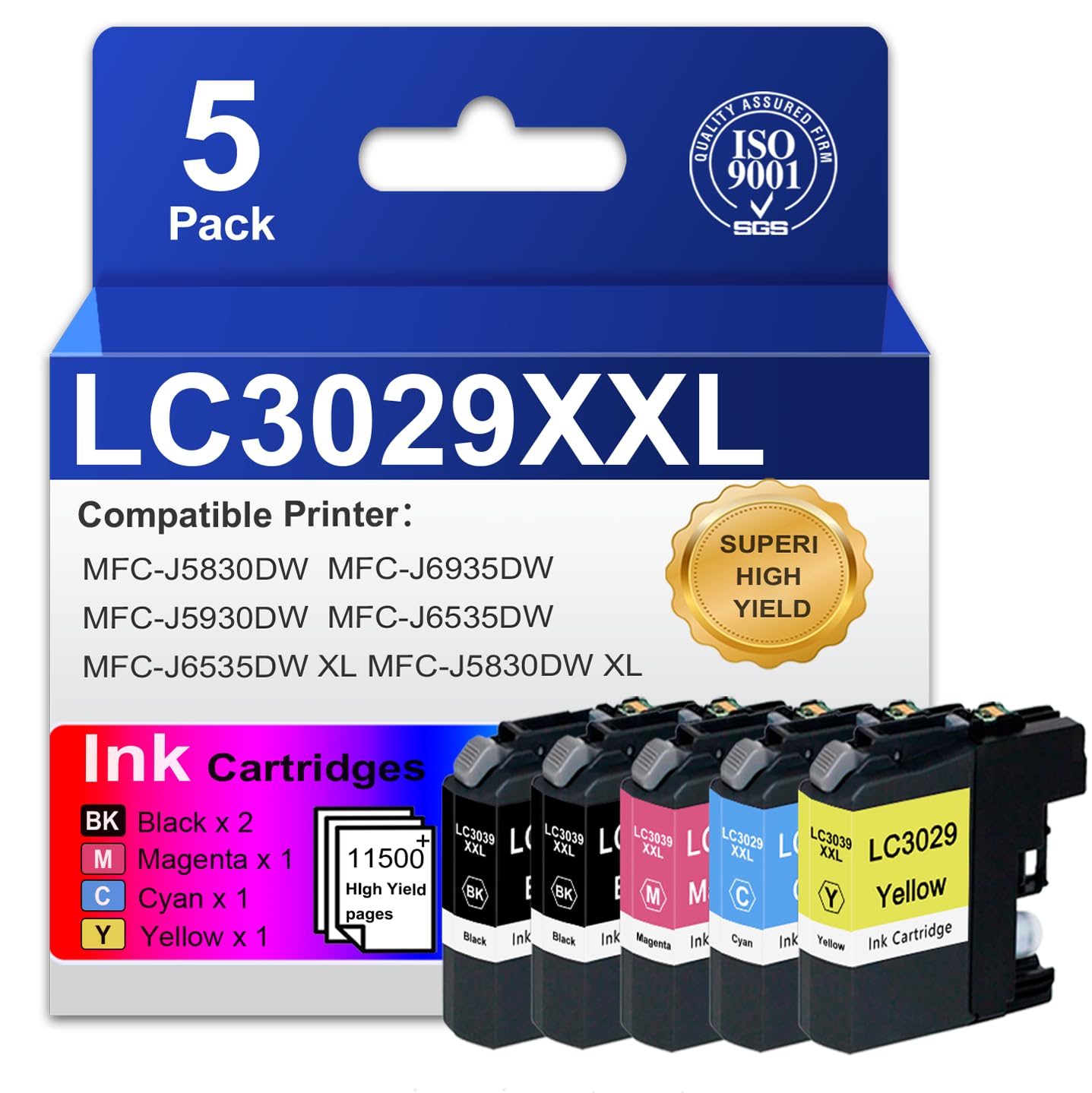 LC3029 LC3029XXL Ink Cartridges Super High Yield (5-Pack, 2BK/C/M/Y) Compatible Ink Replacement for Brother LC3029 Ink with MFC-J5830DW, MFC-J5830DW XL, MFC-J5930DW, MFC-J6535DW, MFC-J6935DW Printer