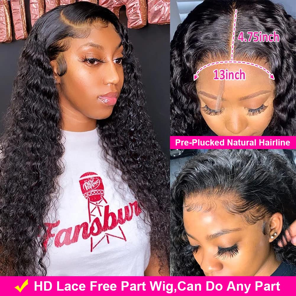 180 Density 13x4 HD Lace Front Wigs Human Hair Pre Plucked with Baby Hair Transparent Glueless Brazilian Deep Wave Frontal Wigs for Women Natural Black Color22 inch
