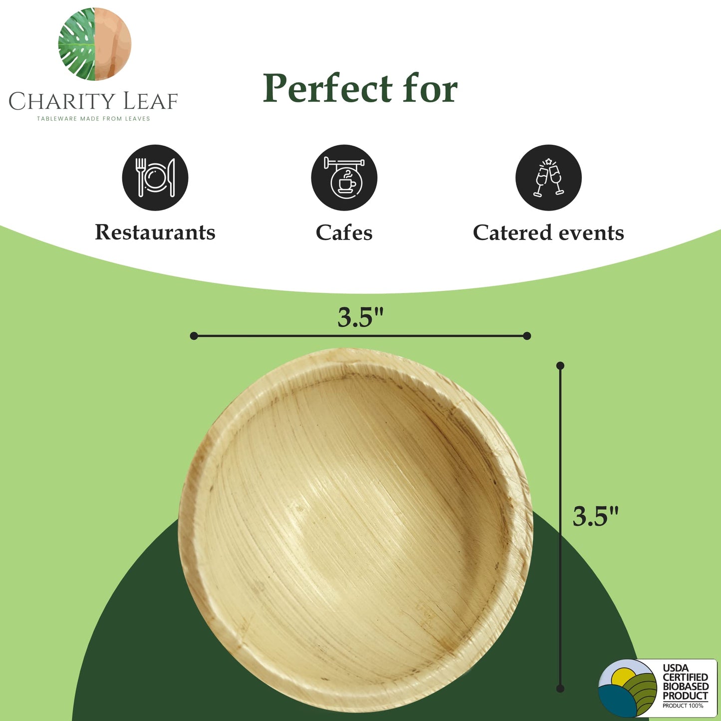 Charity Leaf Disposable Palm Leaf Like Bamboo Round Mini Bowl | All Natural and Biodegradable | Charcuterie Boards, BBQs, and Parties | Pack of 100 Bowls (100, 3.5)