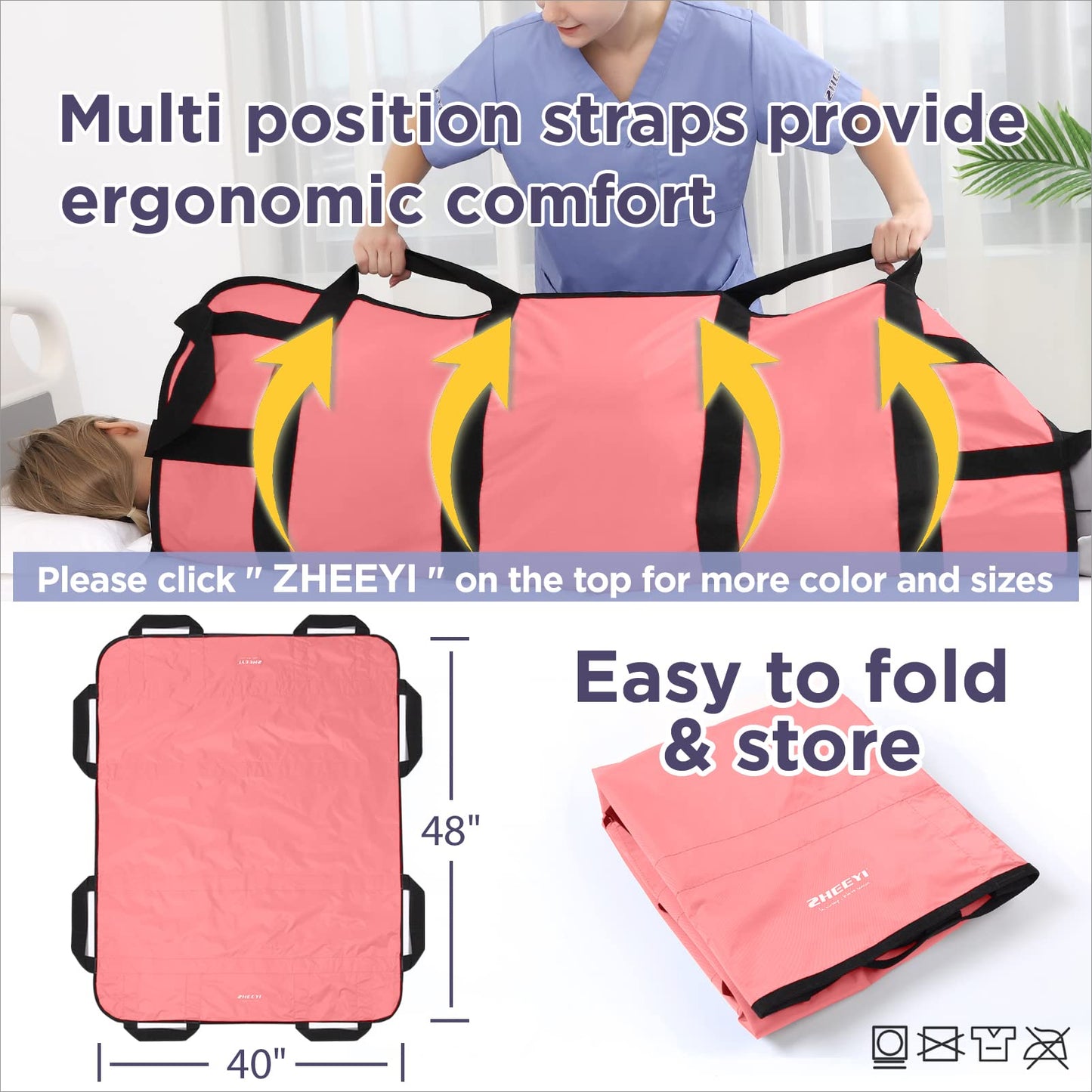 ZHEEYI Multipurpose 48" x 40" Positioning Bed Pad with Reinforced Handles - Reusable & Washable Patient Sheet for Turning, Lifting & Repositioning - Double-Sided Nylon Fabric, Pink