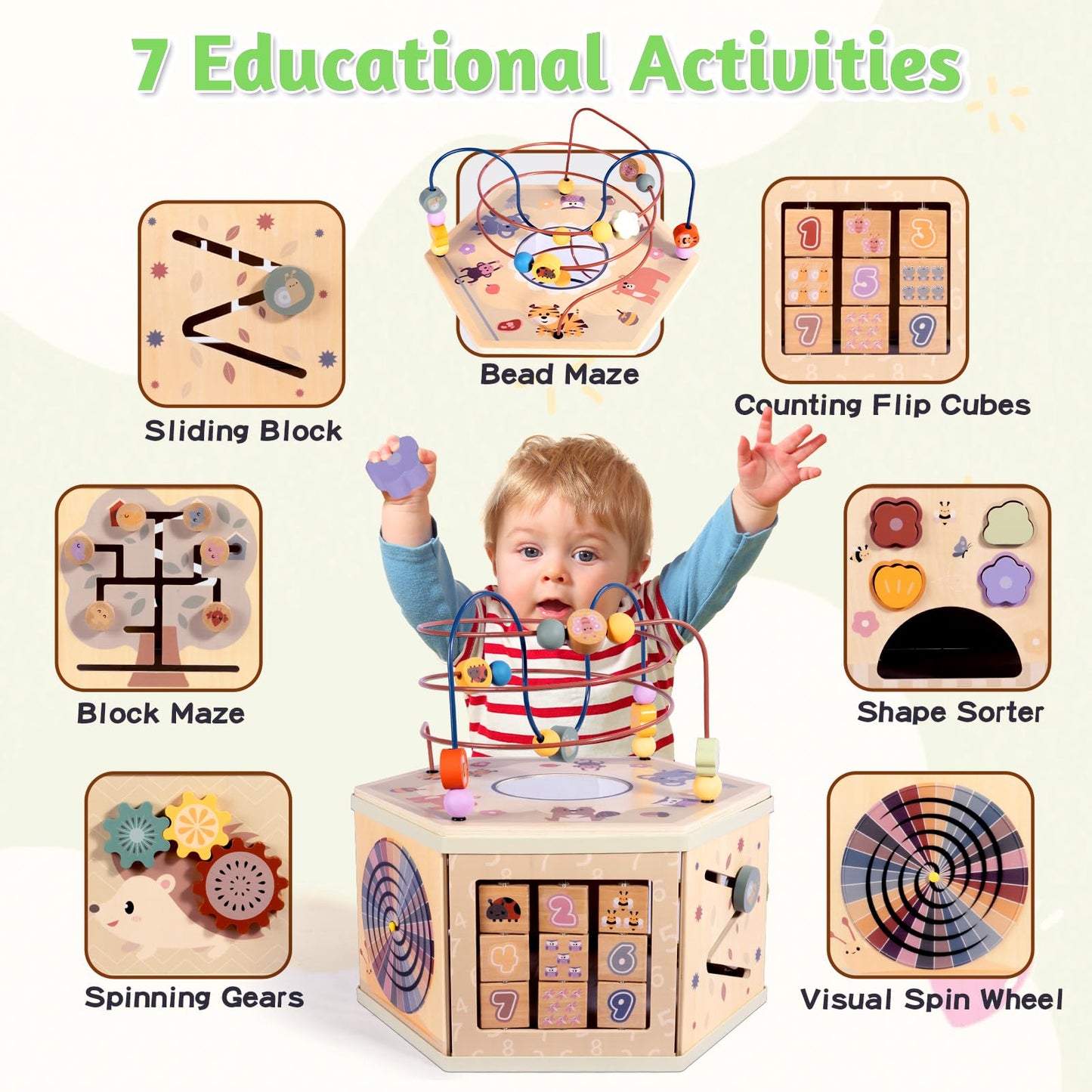 aiwo 7-in-1 Activity Cube for Toddlers 1-3 Montessori Toys, Wooden Large Activity Center for 1 Year Old Baby, Educational Sensory Learning Toys for Boys and Girls Birthday Gifts