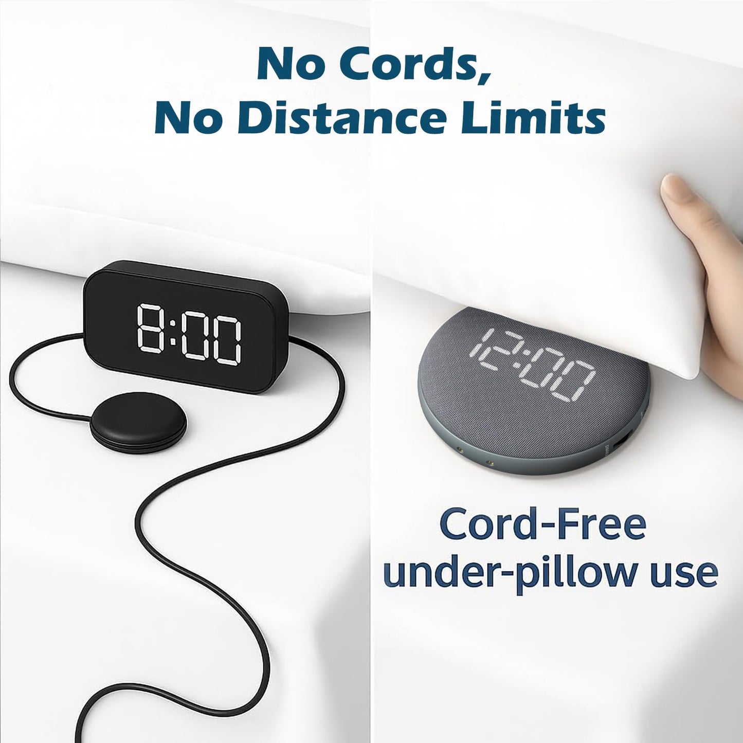 REACHER 2-in-1 Unified Loud Bed Shaker & Vibrating Alarm Clock for Hearing Impaired/Heavy Sleepers/Teens, Wireless Magnetic Charging, Adjustable Volume, Auto Dimmer, Snooze, Battery Powered, Portable