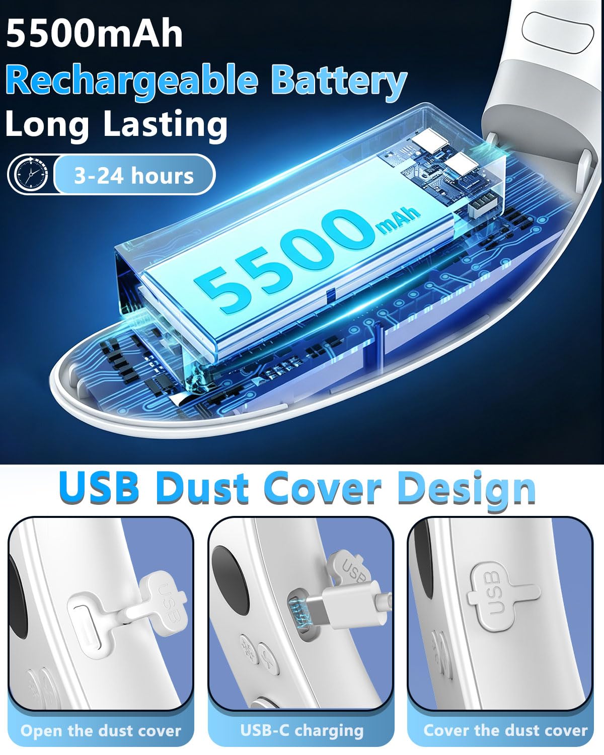 Neck Fan Rechargeable-5 Adjustable Speeds,1S Cool Down,Bladeless Hands Free with Metal Cooling Plate, 3-24H Long Lasting Battery Powered,Small Silent Hanging Neck Fans for Women,Men, Kids,White