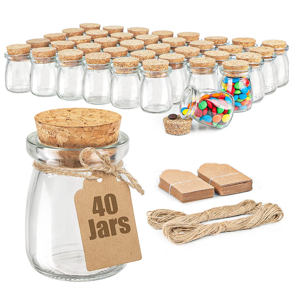 Ritayedet 40 Pack Small Glass Jars for Favors, 3.4 oz Glass Jars with Cork Lids for Candle, Potion Bottles, Spice, Yogurt, Candy, Wedding, Baby Shower, Decoration, Party(Bonus Twine and Labels)