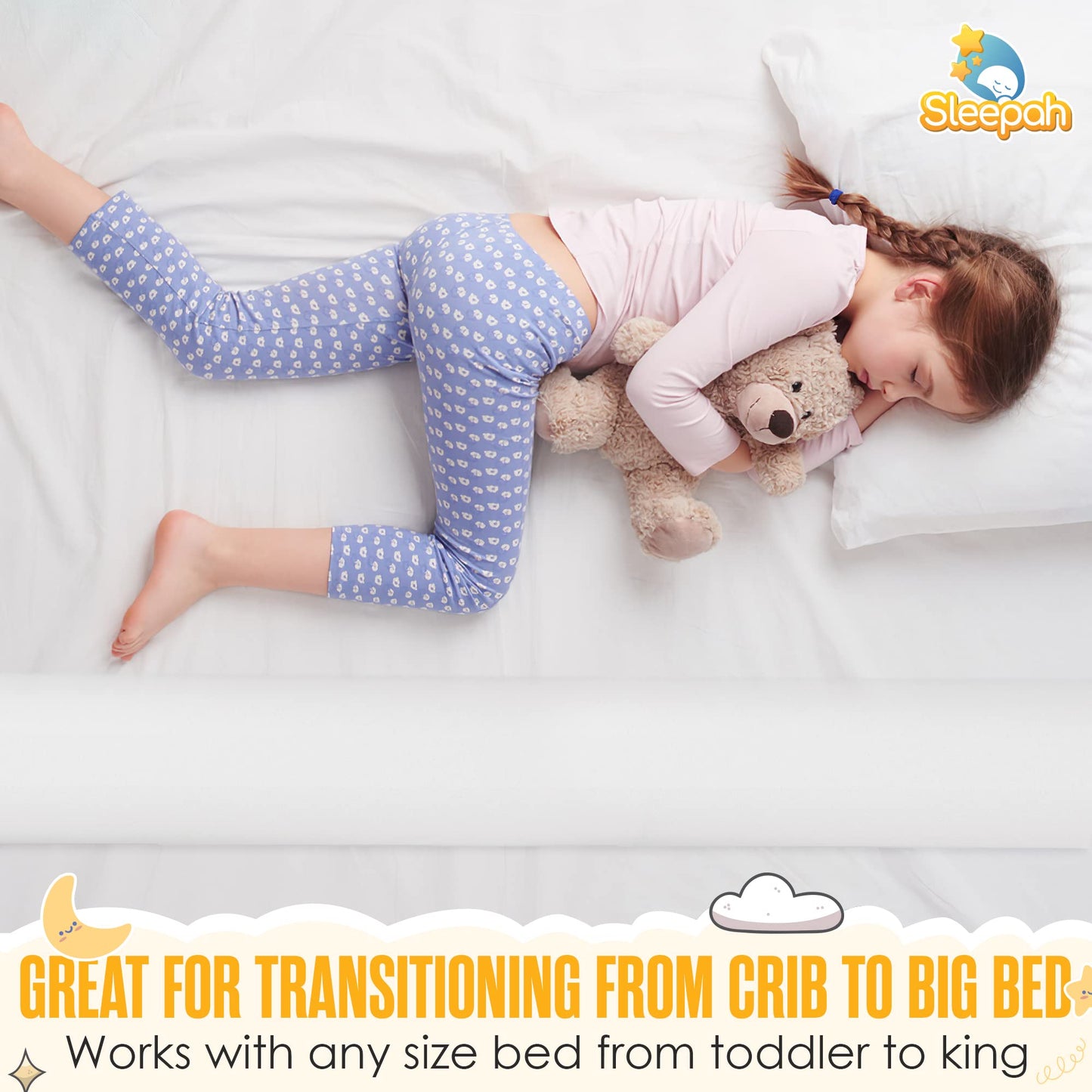 Sleepah Bed Rail for Toddlers (1 Pack) Memory Foam Bed Bumper Guard w Dual Non-Slip Pads (Top & Bottom) Bed Rail is Waterproof Washable Soft Removable Cover for Kids, Adults & Seniors (1)