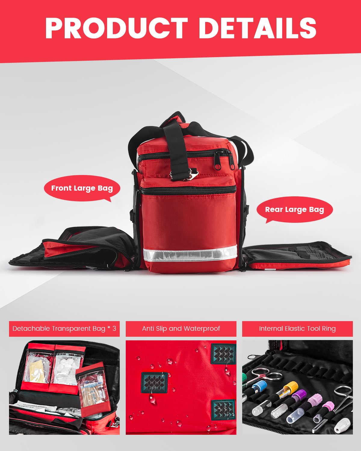 PTAHON Medical Bag - First Aid Bag Empty, EMT Bag for EMTs, Paramedics & First Responders, 25.8" Water-Resistant, 360° Reflective, 4 Dividers, 3 Removable Transparent Pouches, Padded Detachable Strap