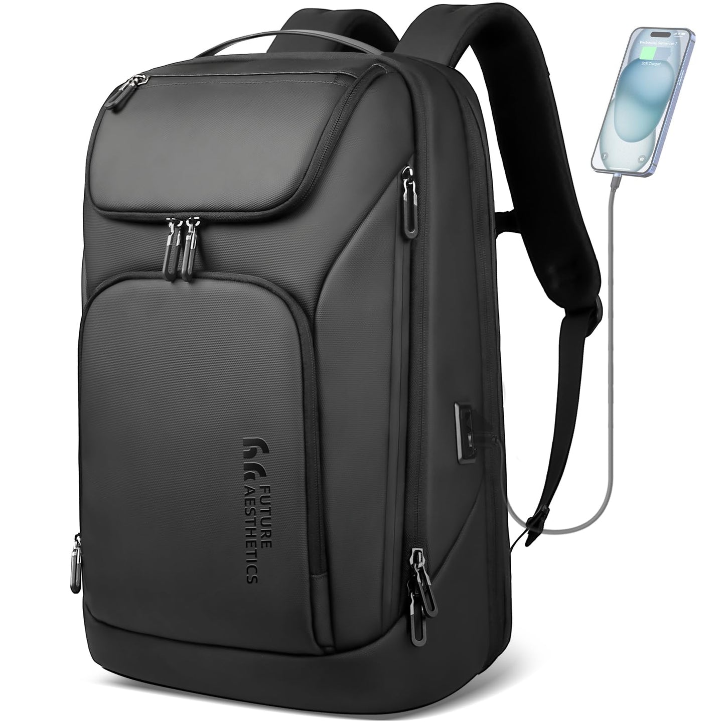 17.3 Inch Business Laptop Backpack for Men, Water-Resistant Anti-Theft Backpack with USB Charging Port, Large Durable Compact 30L Smart Computer Bag for Travel College Work-Black