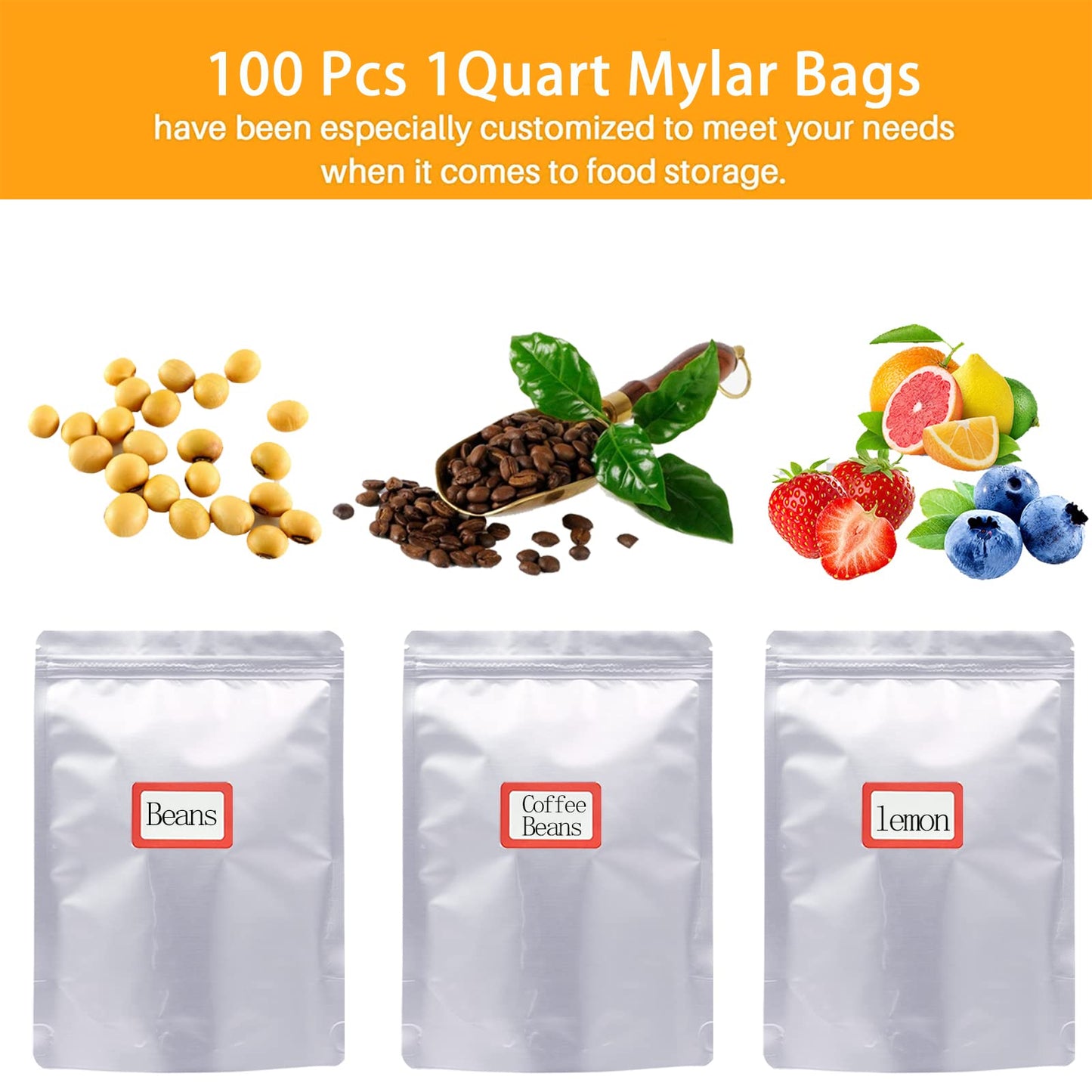 100 Pcs 1 Qt Mylar Resealable Bags for Food Storage, With 100 Pcs 200cc Oxygen Absorbers & 120 Labels, Aluminum Foil Long Term Fresh Bags