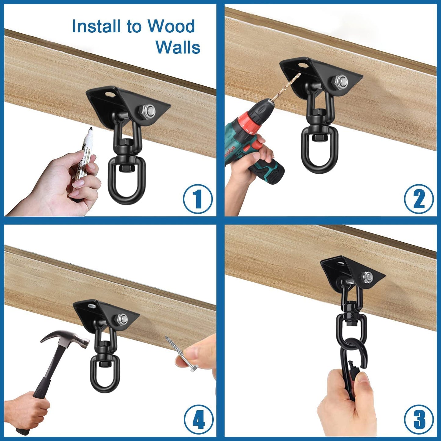 Hammock Hanging Kit with Swing Chain, 1100lbs Capacity Hanging Hooks Heavy Duty 360° Swivel for Yoga,Tree, Chair, Indoor & Outdoor Gym（Includes a 39.37" Chain）