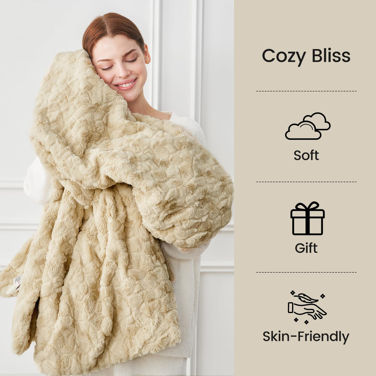 Cozy Bliss Faux Fur Throw Blanket for Couch, Fuzzy Soft Plush Thick Warm Fluffy Reversible Wave Textured Blanket for Sofa Bedroom Living Room, 55 * 70 Inches Khaki