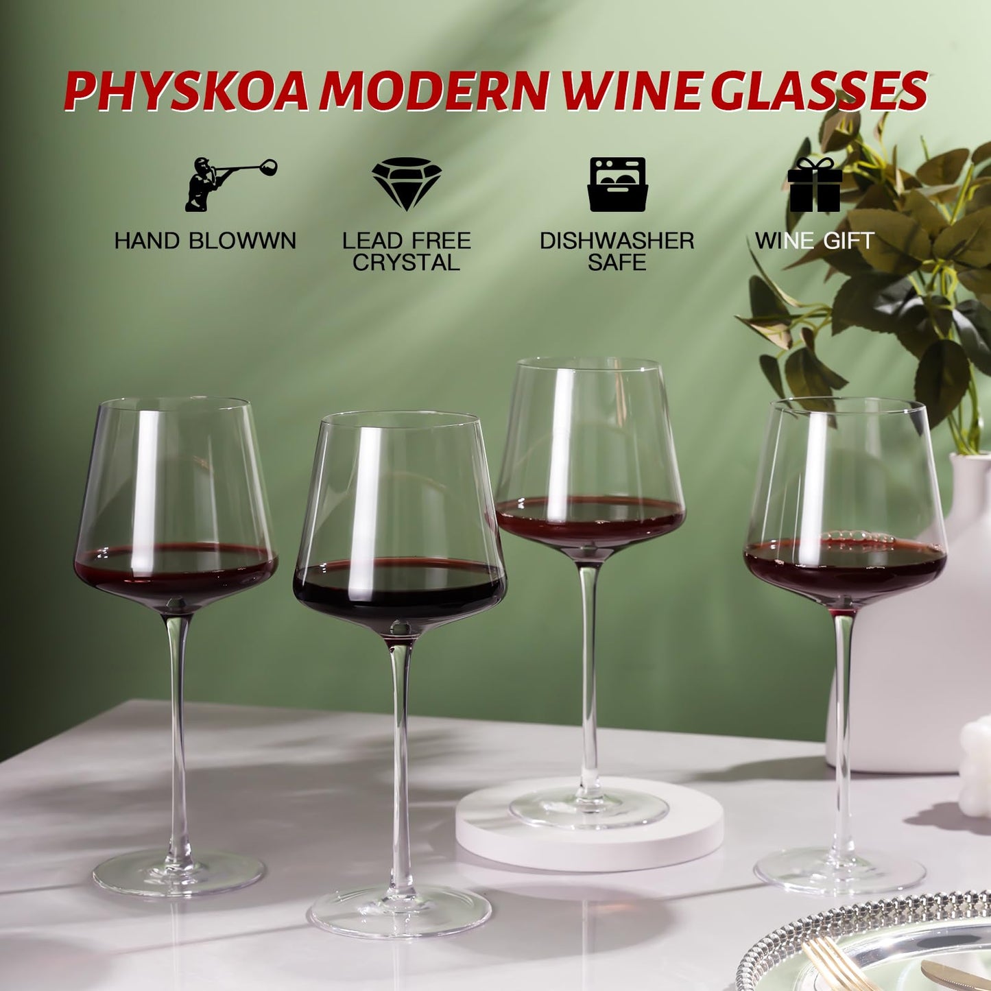Physkoa 18oz Red Wine Glasses Set of 4-LeadFree Crystal Glass Wine Glasses with Tall Long Stem【Hand Blown Italian Style】 Stemmed Square Wine Glasses Gifts for Holiday Christmas
