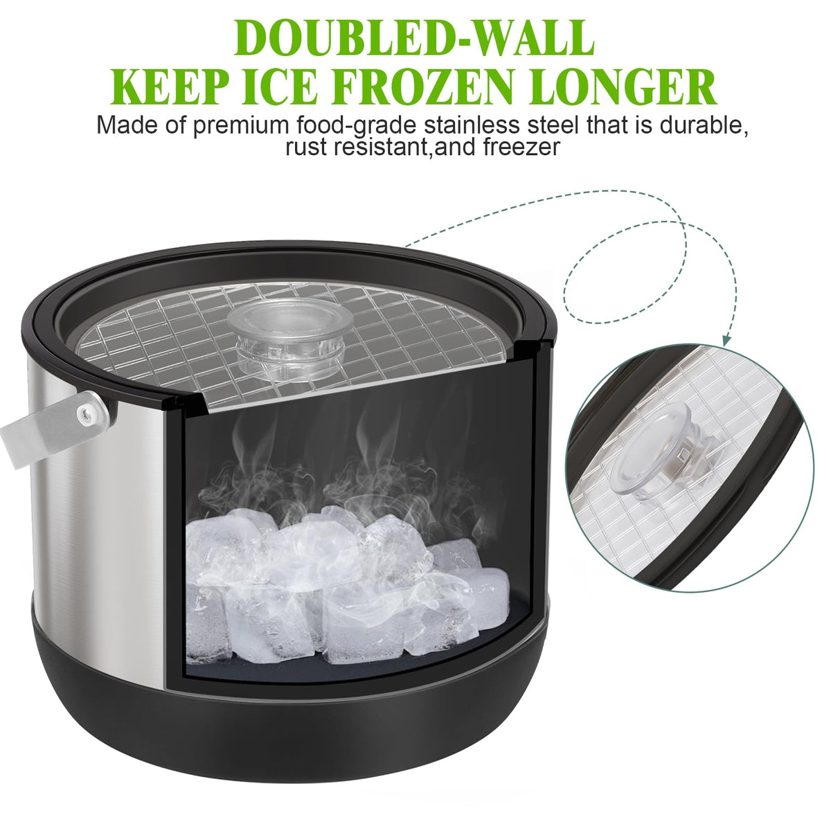 5QT/4.8L Insulated Ice Bucket for Parties, Large Capacity Double-Wall Beverage Bucket with Scoop & Lid for Champagne, Wine, Cocktail (Black)