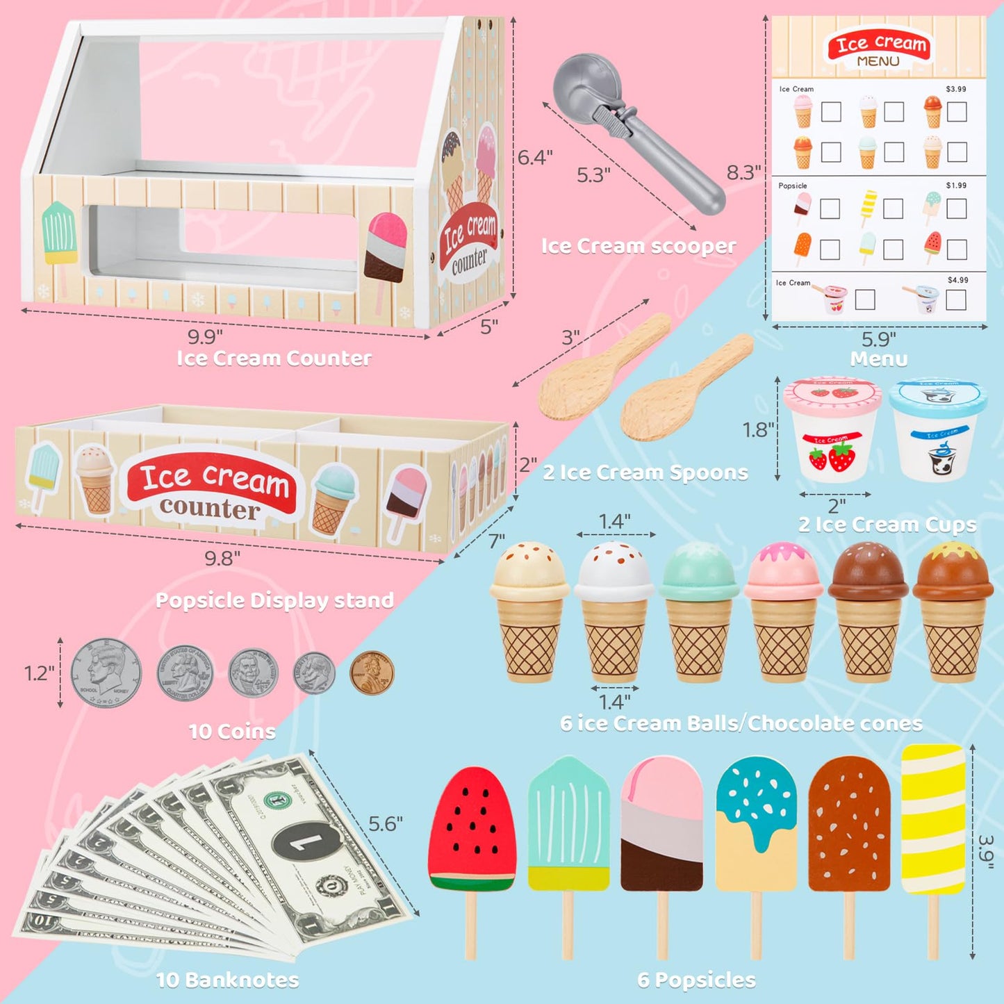 ZJEFUNS Wooden Ice Cream Toys for Kids Ice Cream Counter Shop for Toddlers Pretend Play Food Scoop and Serve with Scoop & Menu & Fake Money for Boys and Girls Ages 3 4 5 6 (Beige)