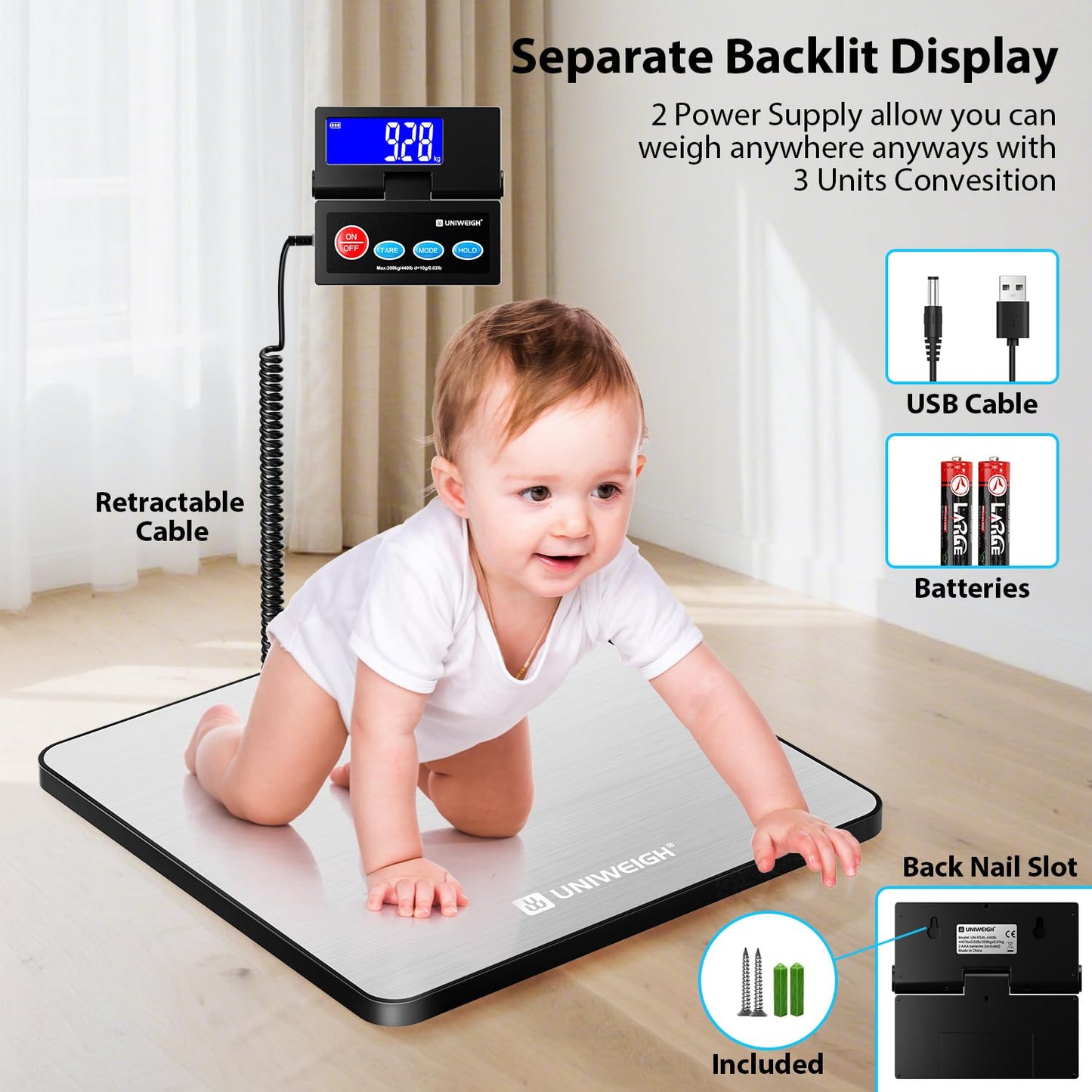 UNIWEIGH Shipping Postal Scale,440lb/10g Accuracy Commercial Weight Scale with Durable Stainless Steel Large Platform,Heavy Duty Postage Scale for Package,Luggage,Mail,Warehouse,Small Business,Home