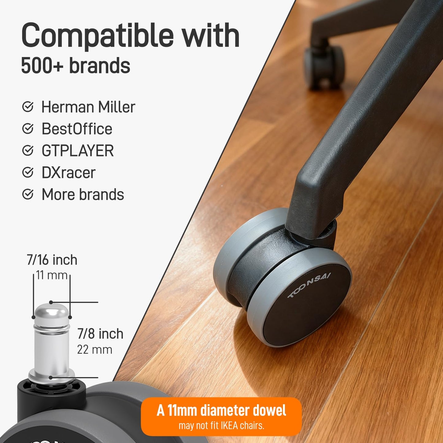 2.5 inch Chair Wheels Replacement (Stem 7/16-7/8) Set of 5 - Heavy Duty 660LB Office Casters with Sealed Bearings, Ultra Quiet Double Rubber Wheels for Hardwood Floors and Carpets, Not for 1KEA Chairs