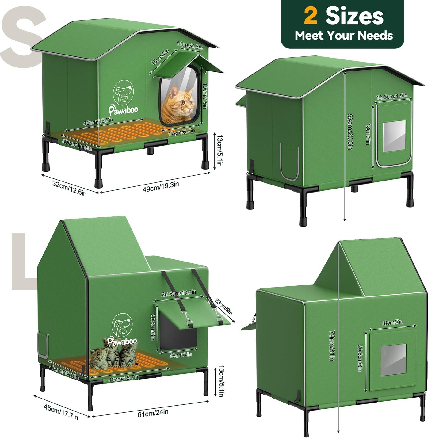 Pawaboo Heated Cat House for Outdoor in Winter, Weatherproof Cats Shelter for Outside with Waterproof Awning & Elevated Base, Insulated Outdoor Cats House with Heater for Feral Barn Cat
