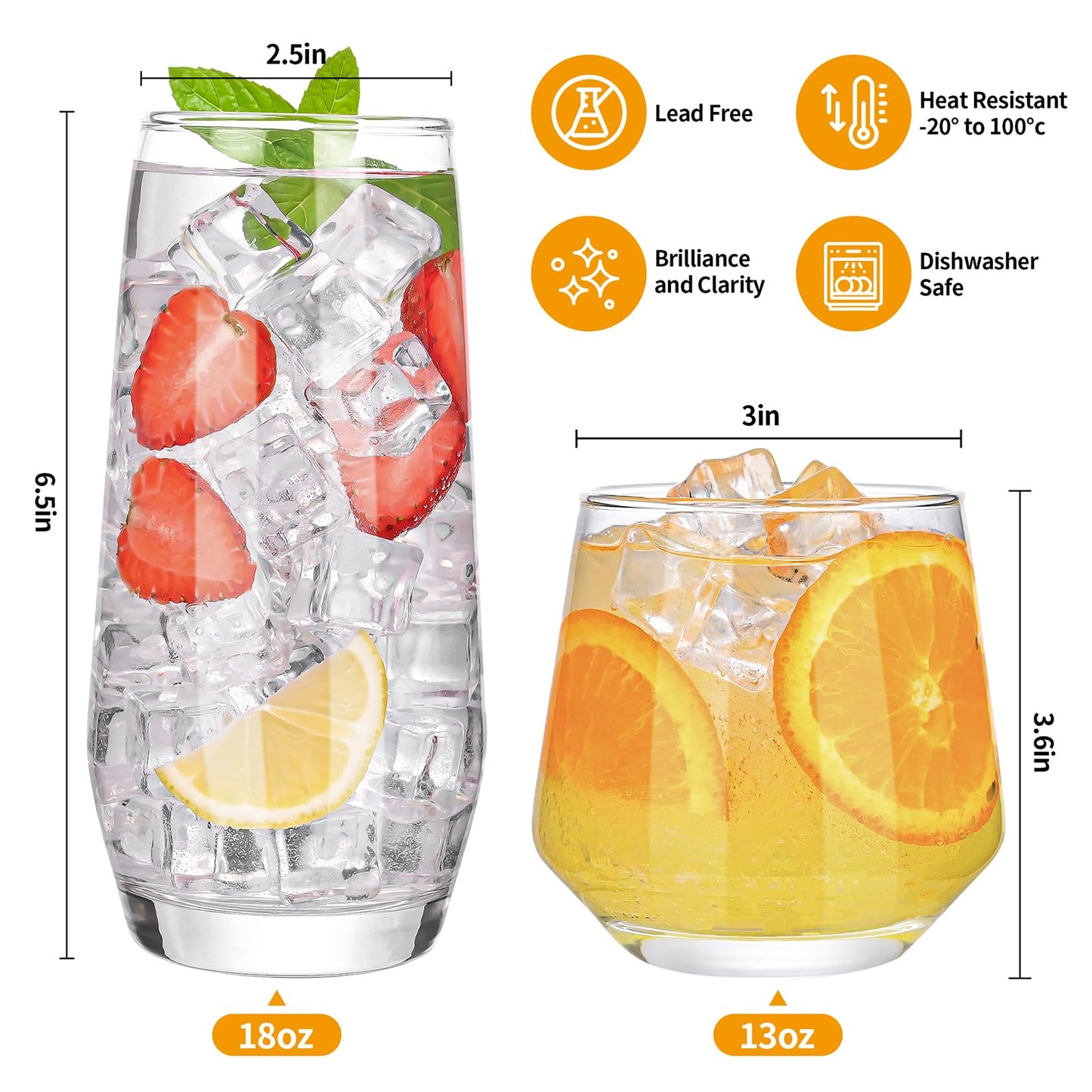 ZMOWIPDL Drinking Glasses Set of 8,Clear 13oz & 18oz Crystal Glass Cups,Drinkware Glassware,Highball Water Tumbler,Short Stemless Wine Glasses,for Beer,Cocktail,Whiskey,Juice and Various Mixed Drinks