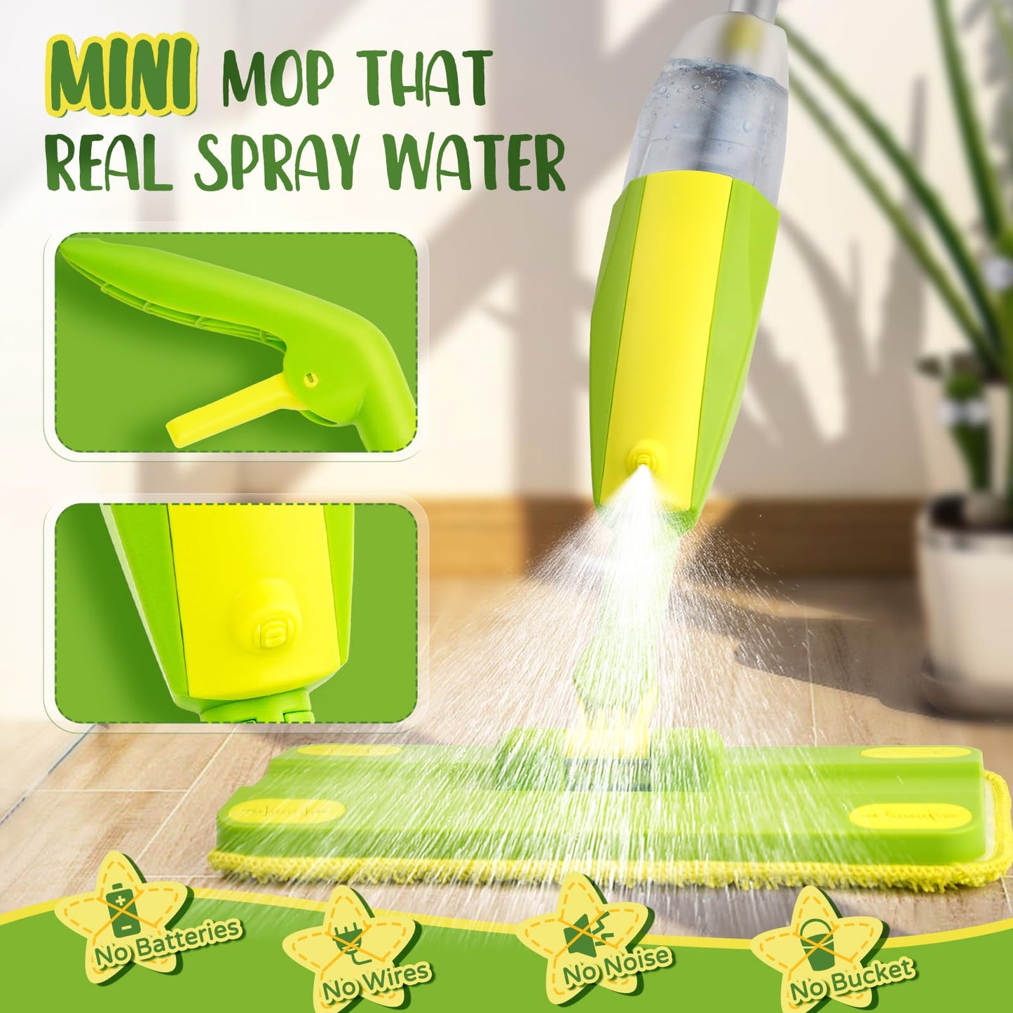 Yasterd Kids Spray Mop, Fun & Functional Toddler Mop Cleaning Set,Real Working Mini Mop, Pretend Play Toy –Includes Spray Bottle,Washable Microfiber Pads, Montessori Toddler Cleaning Toy Set -Green