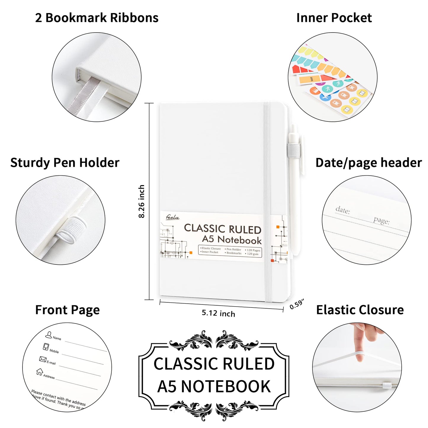 feela 12 Pack Notebooks Journals Bulk, Hardcover Notebook Classic Ruled Lined Journals with Pen Holder for Women Girls School Business Supplies, with 12 Black Pens, 120 GSM, 5.1”x8.3”, A5, White