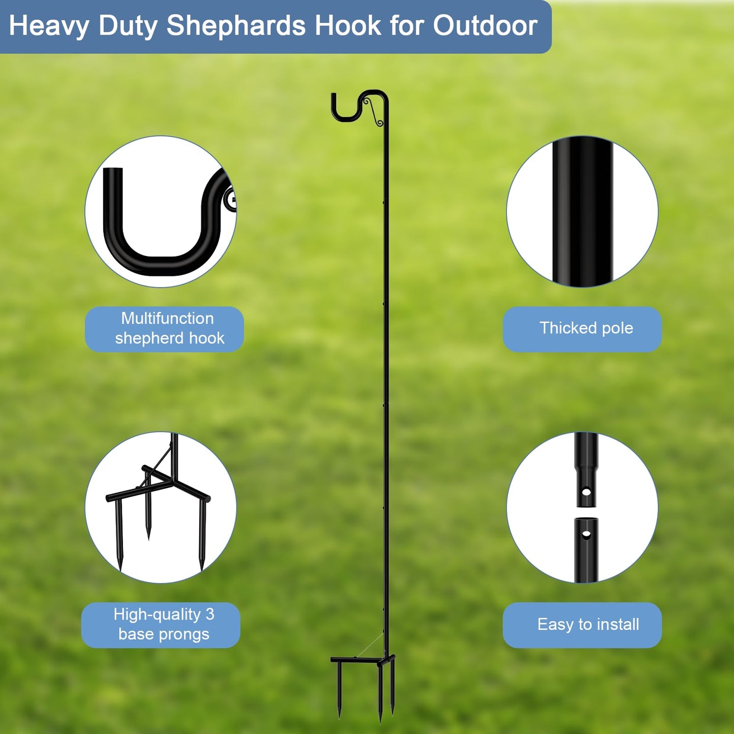 Shepards Hooks for Outdoor 2 Pack Bird Feeder Pole 92 Inch Tall Adjustable Heavy Duty Garden Plant Hangers with 3 Base Prongs for Hanging Plant Baskets, Solar Lights, Wedding Decor, Lanterns, Black