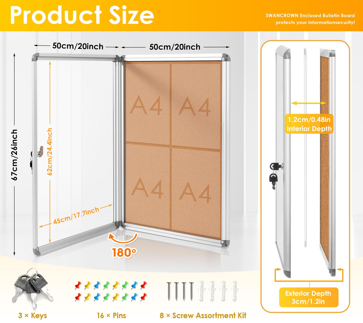 Swansea Lockable Noticeboard Bulletin Pin Cork Boards Tamper Proof with Mounting Screws 26×20 inch (4xA4)