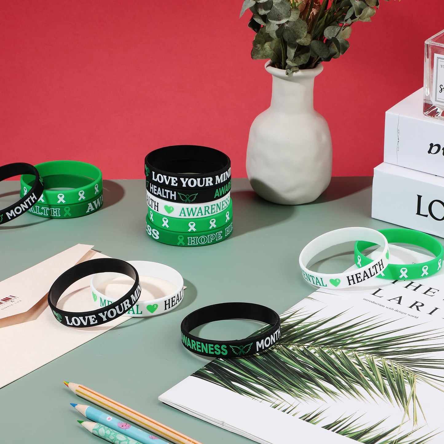 Wettarn 150 Pcs Mental Health Awareness Bracelet Bulk Green Awareness Ribbon Silicone Bracelets Rubber Motivational Wristbands Mental Health Gifts with Inspirational Saying for Women Men, 5 Styles