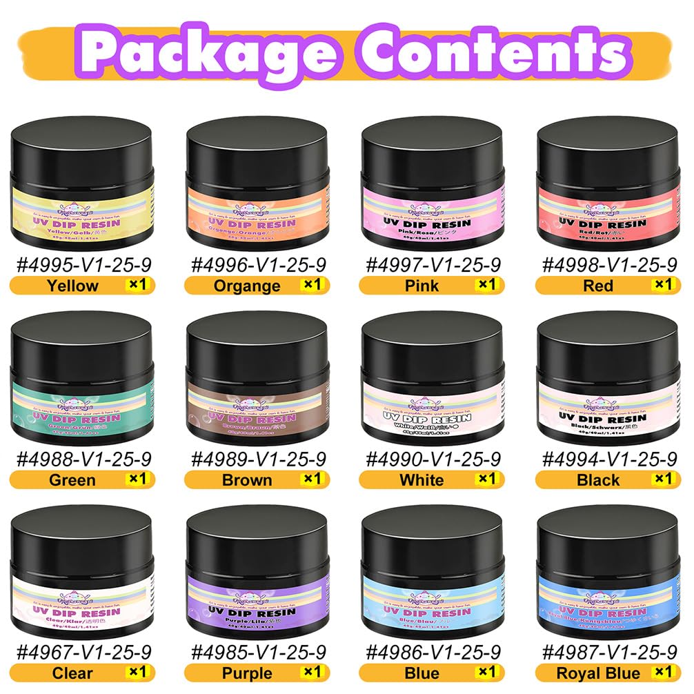 FUNSHOWCASE UV Dip Resin for Wire Flower, Low Odor&Clear UV Resin, UV Dip Resin Liquid for DIY Wire Art, Jewelry Making Glue 12 Color-40ml/Each