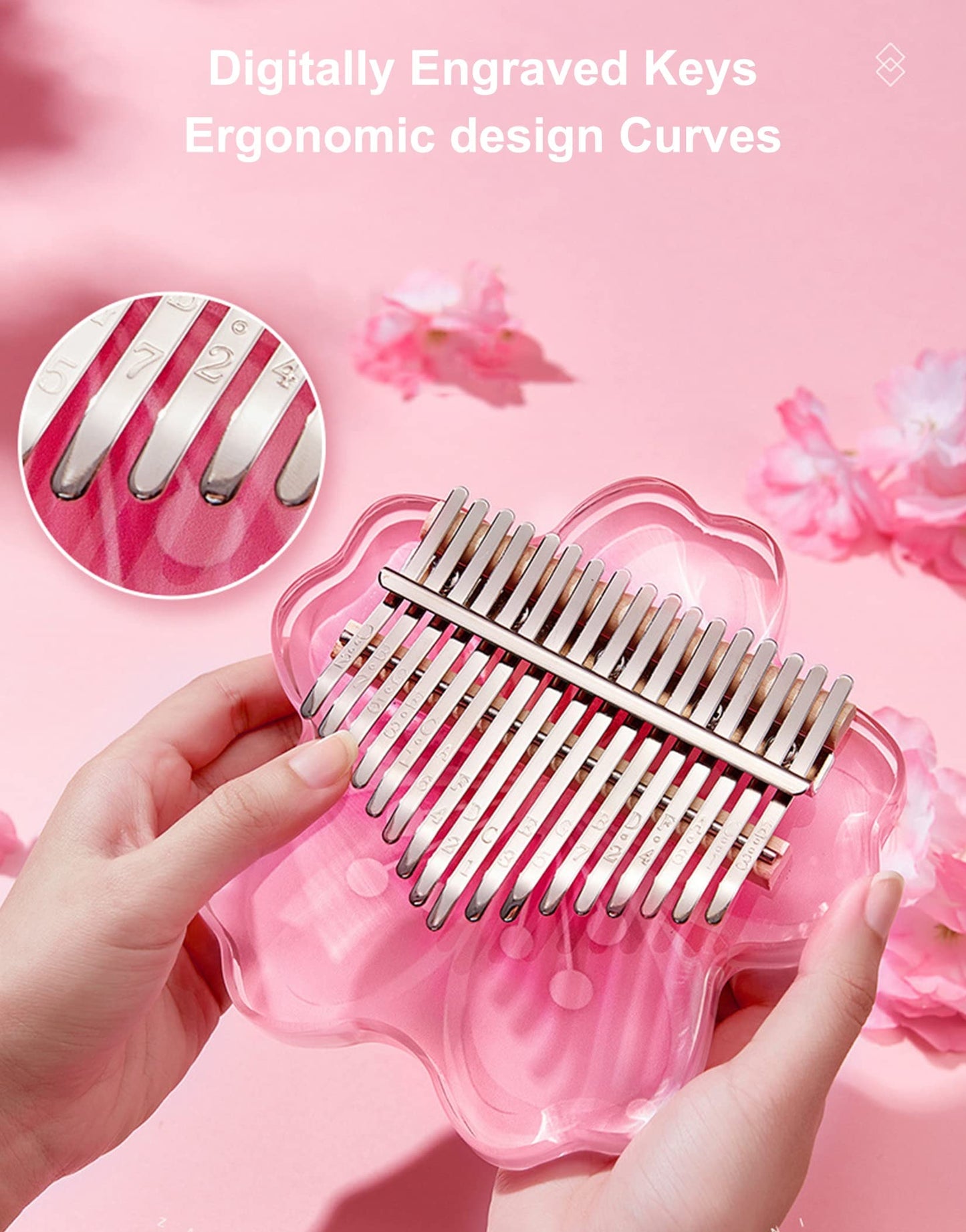 Clear Kalimba Thumb Piano 21 Key with EVA Protective Case Full Kit, Sakura Shape Transparent Crystal Kalimba 17 Key, Professional Musical Instruments for Kid Adult Beginners,Pink 17 Notes