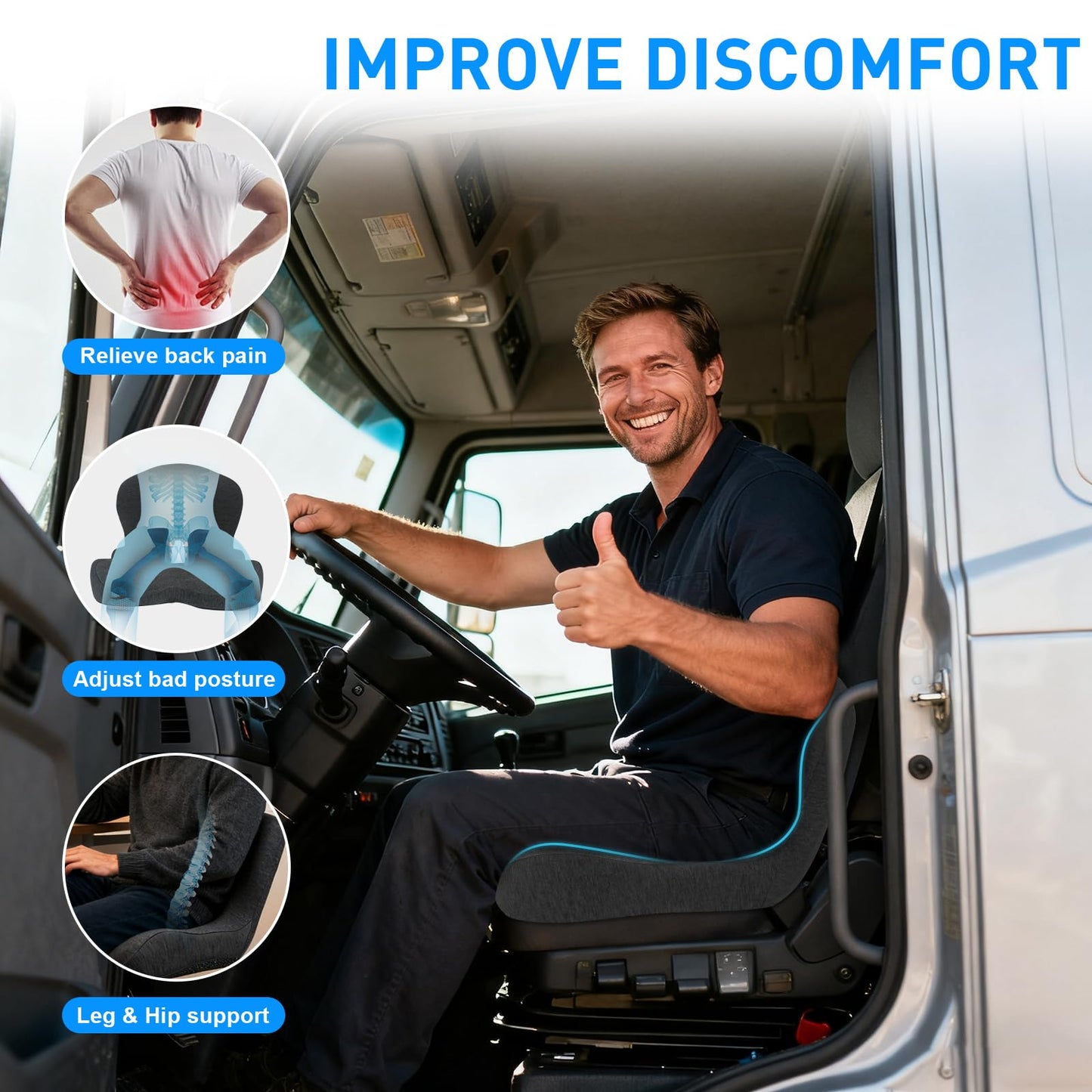Denchy Car Seat Cushion with Lumbar Support for Long Sitting, Ergonomic Memory Foam Driving Seat Cushions for Semi Truck Bus Driver Trucker, Non Slip Office Chair Cushion (Dark Gray)