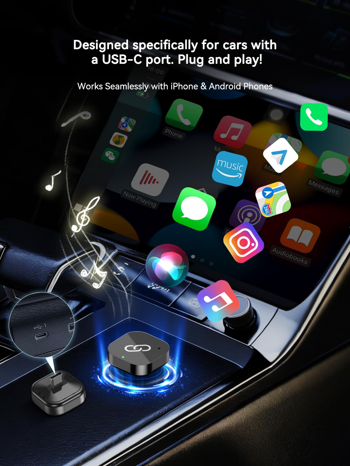 2026 Wireless CarPlay Apapter USB C, Plug & Play Auto-Connect, Compatible with Vehicles from 2016 with Series CarPlay/Android Car, 5G/2.4G Dual-Band WiFi, Stable Car Play Android Auto Dongle