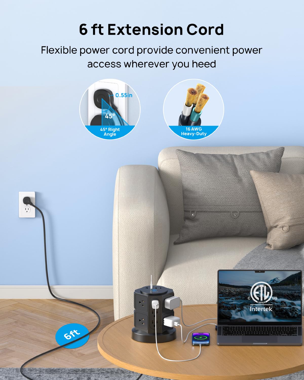 TROND Tower Power Bar Surge Protector with USB C, 14 Widely Spaced Outlets, 6ft Flat Plug Extension Cord Indoor, Vertical Desktop Charging Station for Home Office Desk Accessories, Black