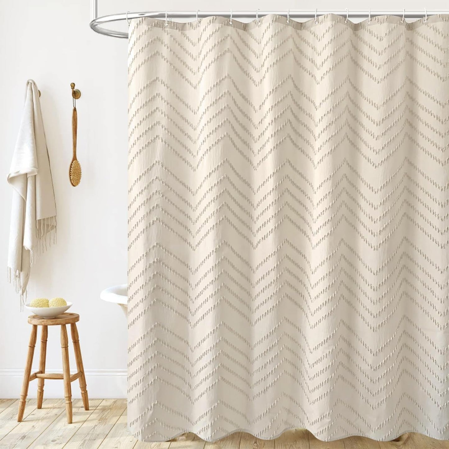 TURKIO Beige Boho Shower Curtain 72 x 72 Modern Farmhouse Shower Curtain Bohemian Chic Tufted Chevron Textured Striped Minimalist Shower Curtain Woven Fabric Cute Beige/Cream Shower Curtain