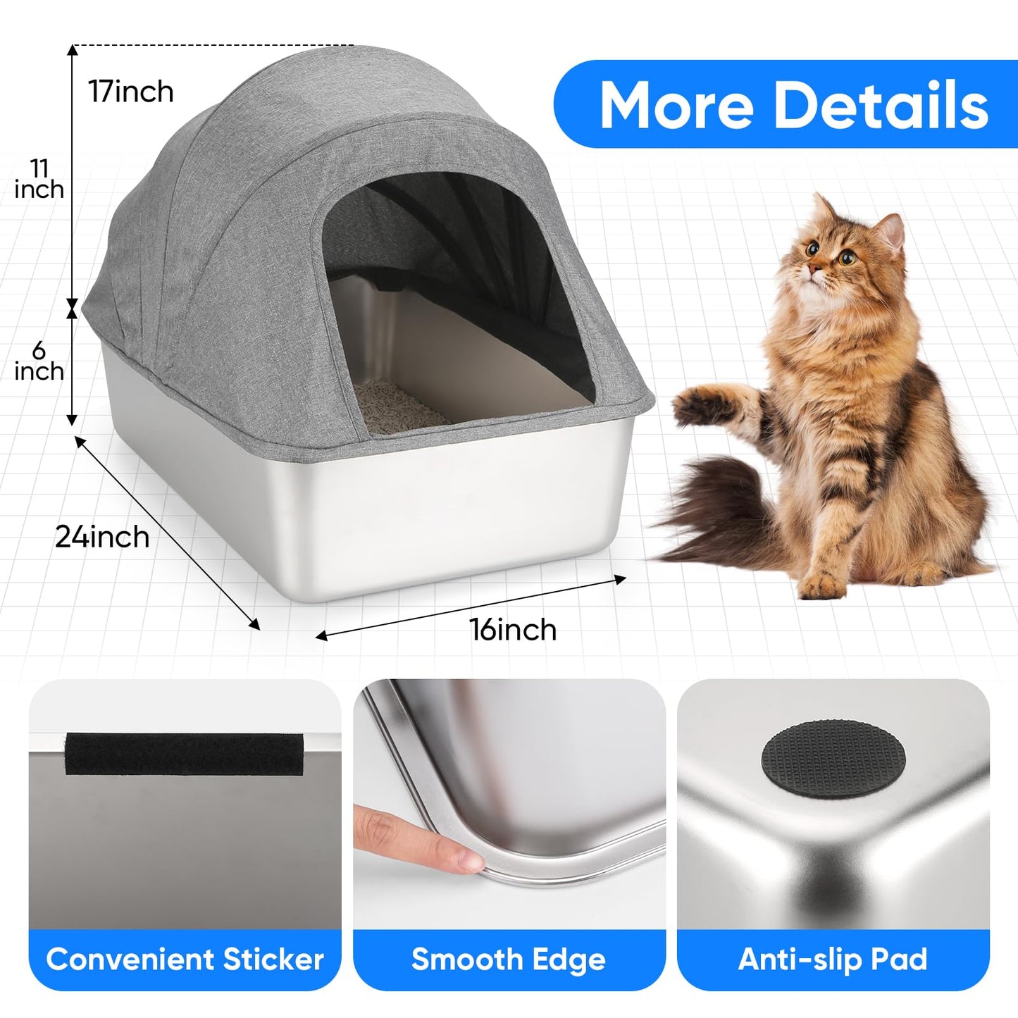 Enclosed Stainless Steel Cat Litter Box with Oxford Lid, 24" Lx16 Wx17 H Extra Large Litter Box for Big Cats, Anti-Leakage, Odor Control Litter Pan Tray with Litter Scooper,Non Stick Smooth Surface