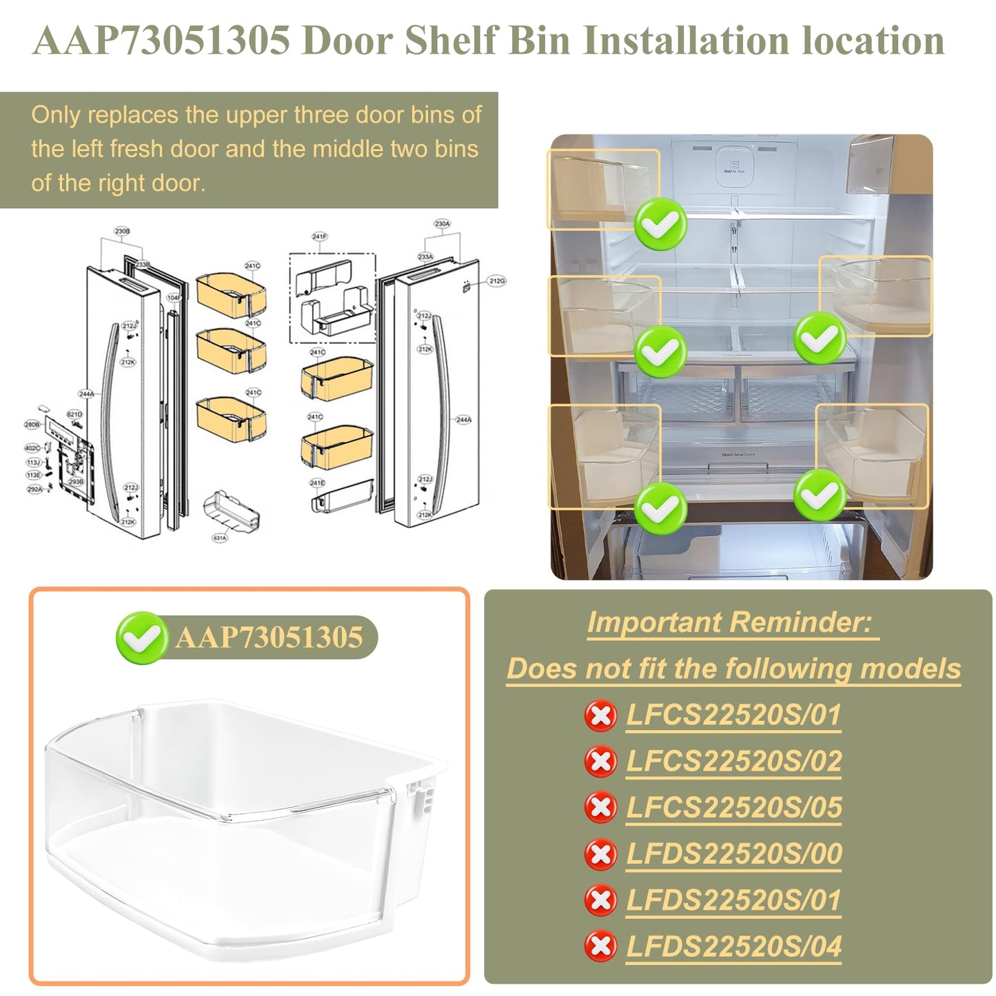 AAP73051305, AP5959449 Door Shelf Bin Compatible with lg, kenmore Refrigerator(some models,not all): LFCS22520S, LFC22770ST, LFC22770SW, LFC22770SB etc, Replacement Door Basket PS11700735, EAP11700735
