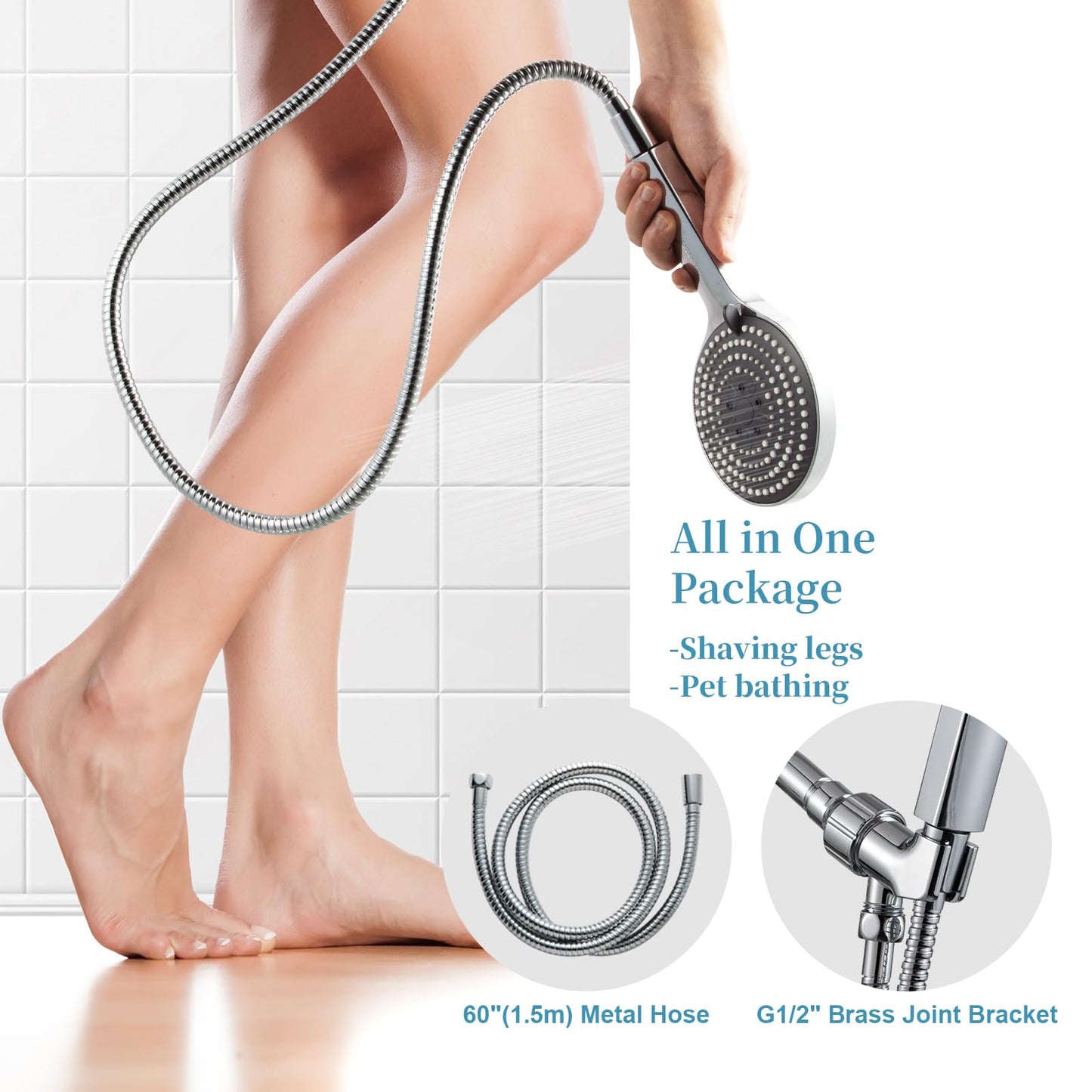 OFFO Shower Head Set, 6-Mode High Pressure Handheld Sprayer with 1.5m Stainless Steel Hose & Showerhead Holder, High Flow Large Powerful Boosting Handheld Showerhead for Low Water Pressure, Chrome
