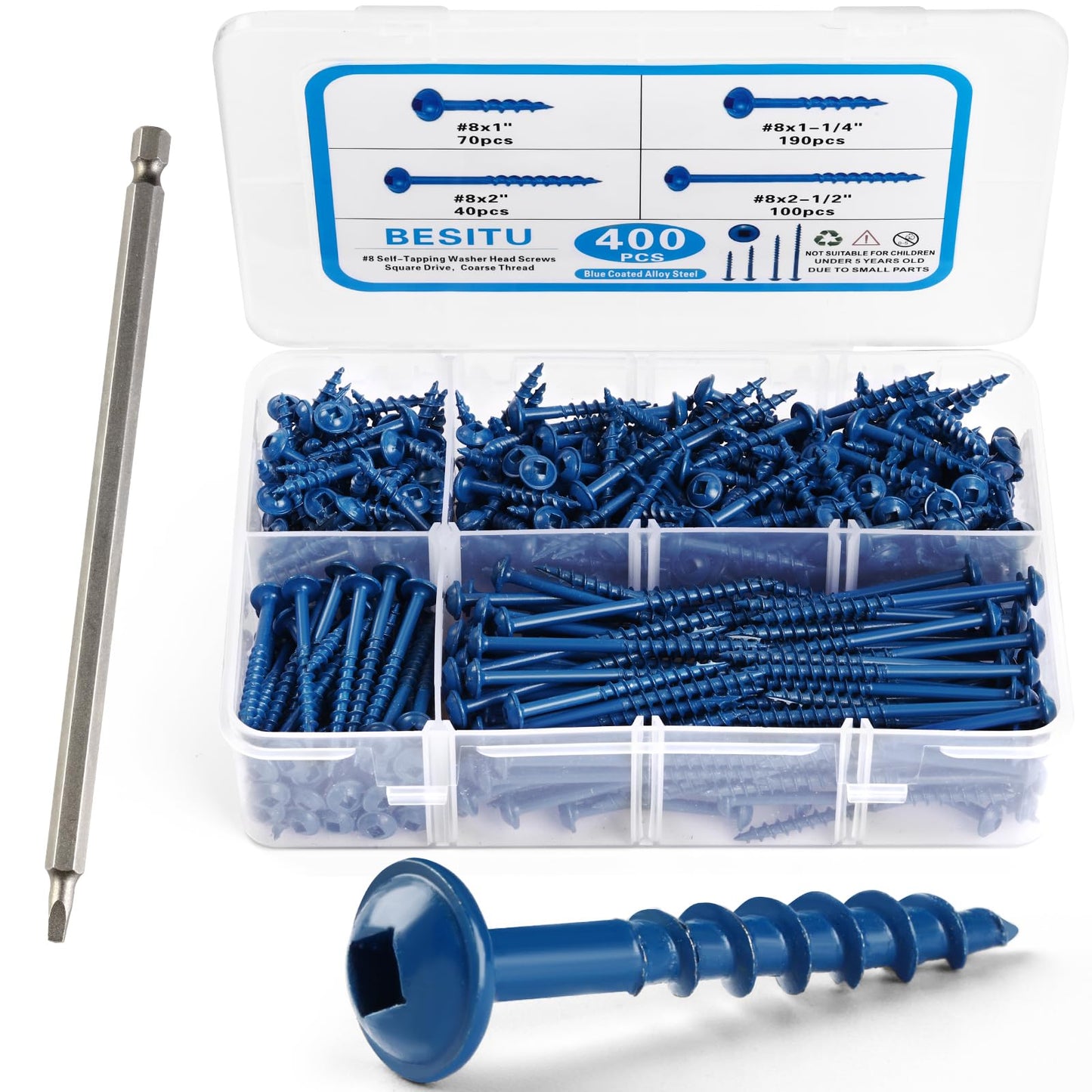 Besitu 400Pcs Pocket Hole Screws Assortment Kit, 4 Sizes #8 x 1, 1-1/4", 2", 2-1/2" Coarse Thread Wood Screws with Square Drive, Blue Anti-Rust Coated for Outdoor, Self Tapping, Drive Bit Included