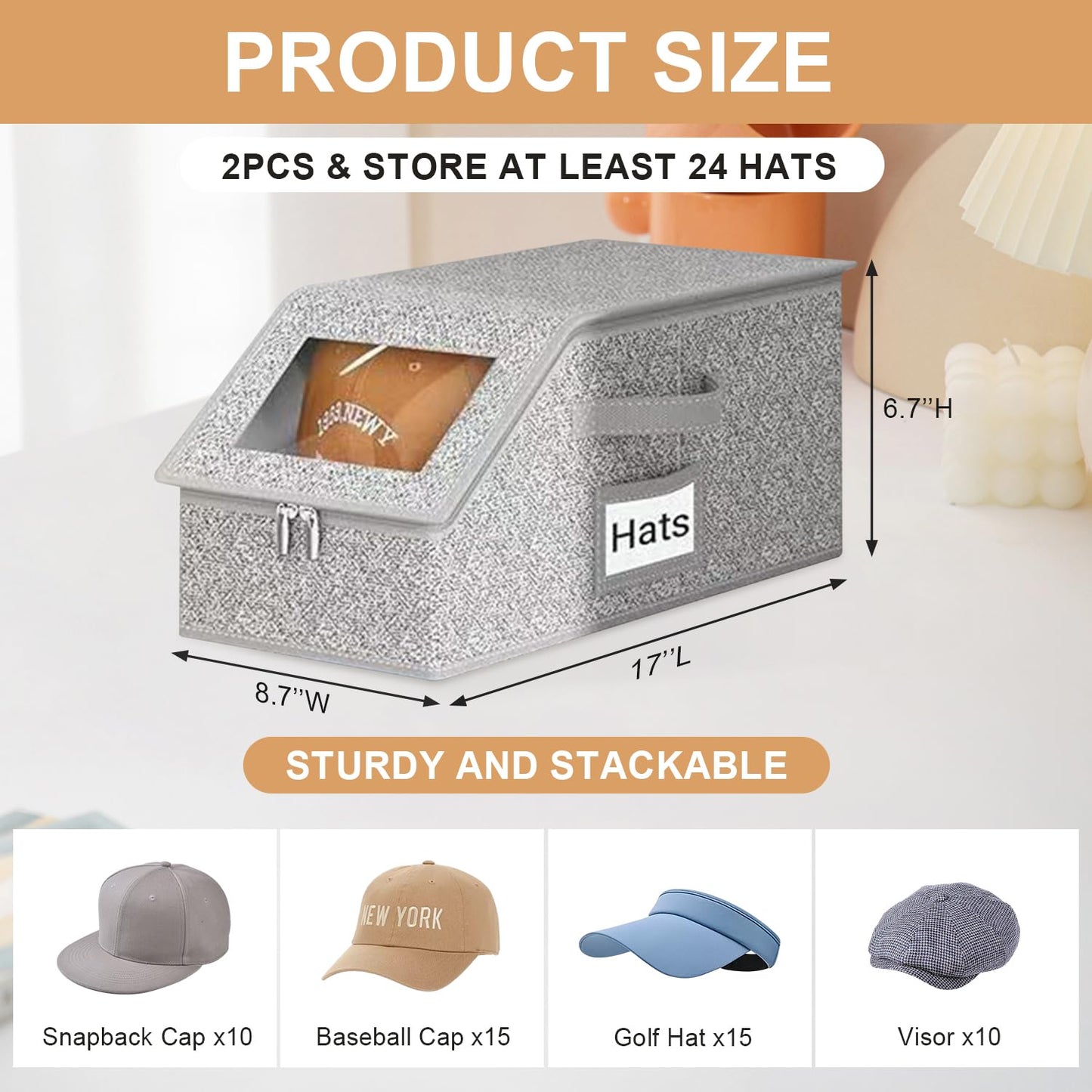 2PCS Hat Storage Box for Baseball Caps - Stackable Foldable, Hat Organizer for Closet, Baseball Cap Storage Box, Hats Storage Bins with Handle for Shelf or Wardrobe, Grey