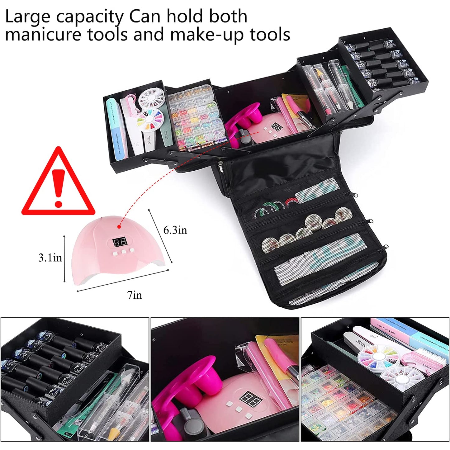 Large Makeup Carrying Train Case for Women,Black Travel Makeup Organizer Bag Storage Box,4 Tier Professional Nail Organizer Case with Adjustable Dividers for Nail Tools Jewelry MakeUp Brushes Toiletry
