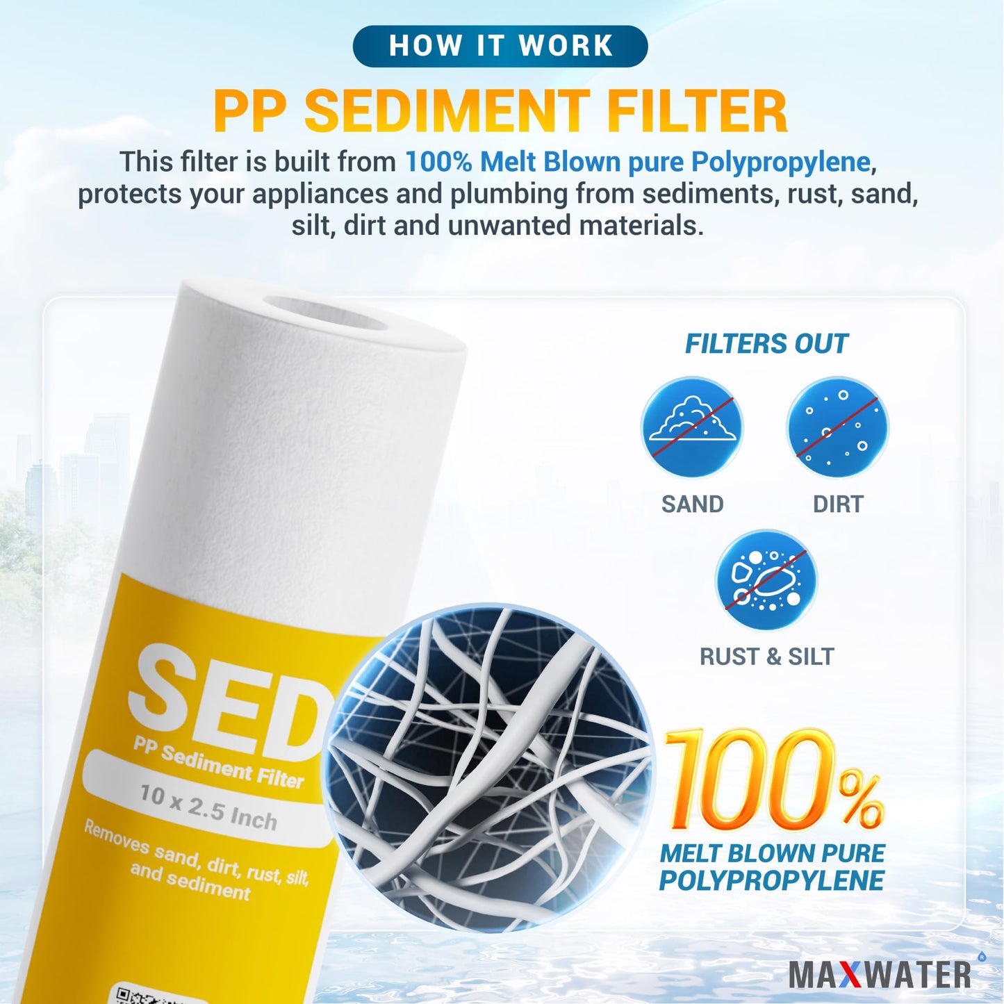 Max Water 10" Standard Whole House Replacement Filters Coconut Shell Carbon, Polypropylene Sediment, and GAC Carbon Filters Variations (6 Pack)