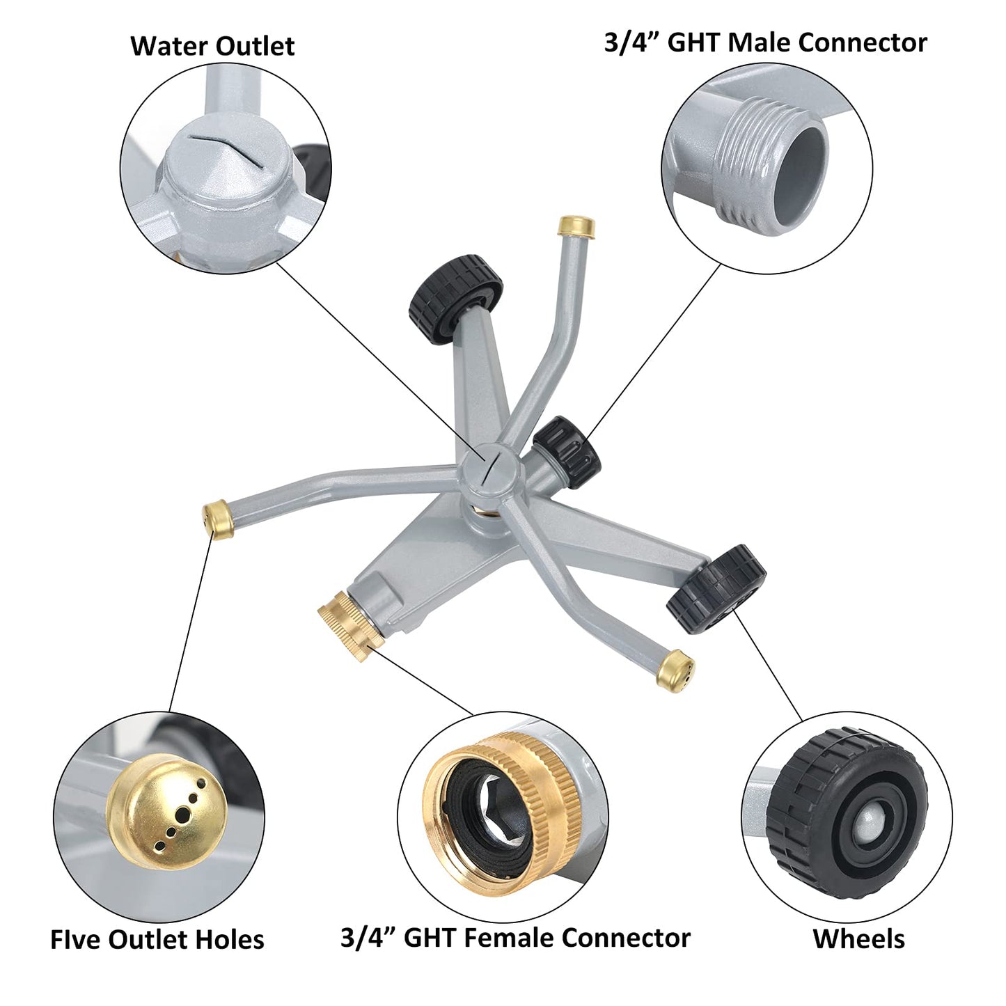 STYDDI Metal Rotating Water Sprinkler for Lawn, Heavy Duty Metal 3-Arms Whirling 360 Degree Automatic Rotary Lawn Sprinkler with Wheeled Base for Small Lawn and Garden, Yard, Cover up to 1,384 Sq. ft.