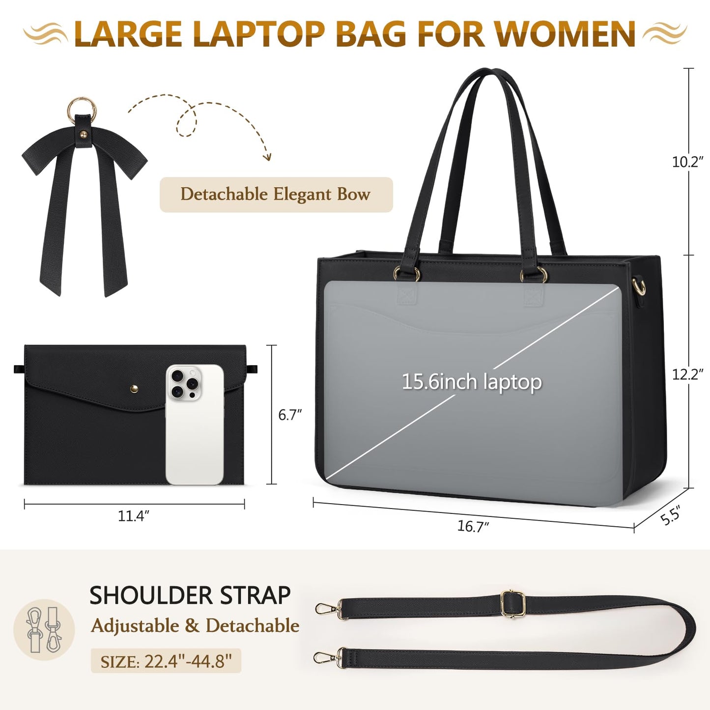 RAINSMORE Laptop Bags for Women 15.6 Inch Work Tote Bags Leather Laptop Tote Waterproof Computer Bags Professional Office Business Briefcase Large Handbag for Travel College Teacher, Black