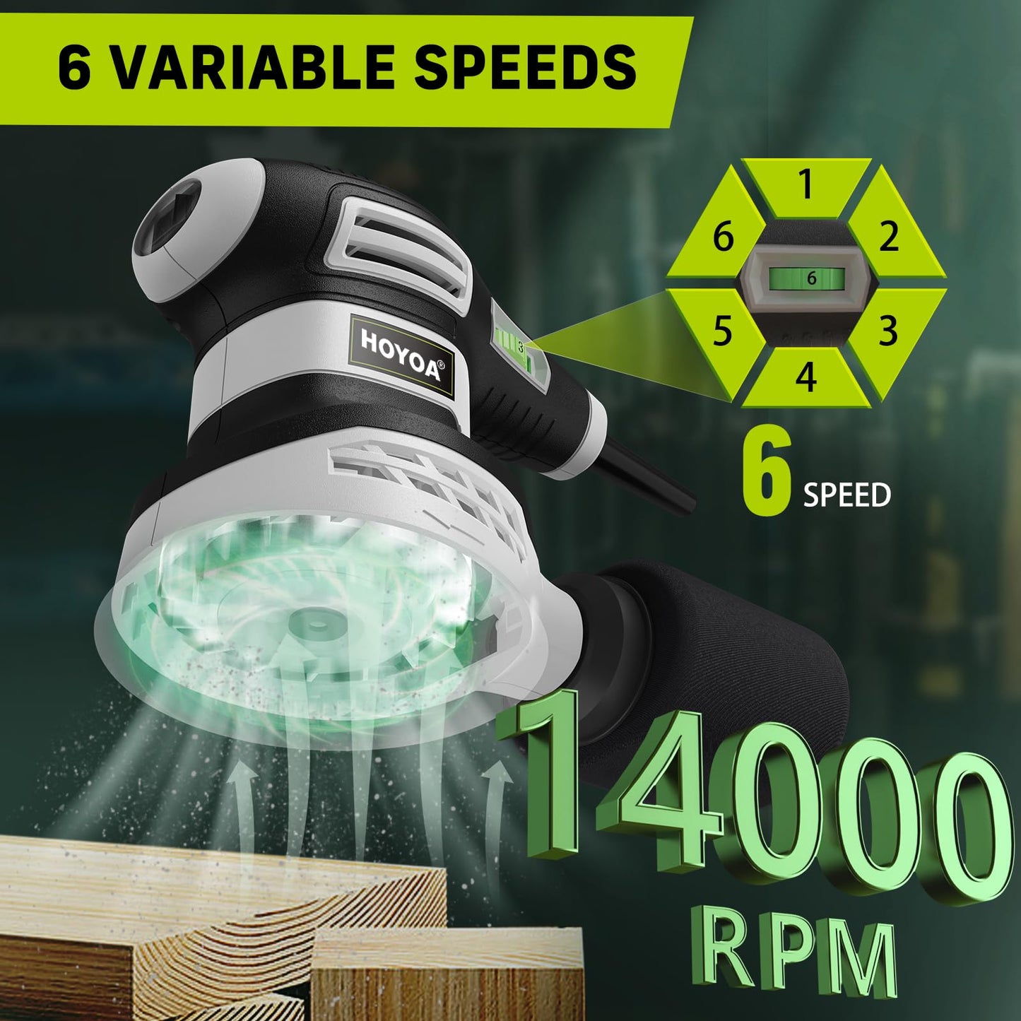 HOYOA Random Orbital Sander for Wood 3.0Amp 5 inch, 6 Variable Speeds, 14000RPM Palm Sander with 15 Sandpapers, Dust Collector, Electric Sanders Machine for Woodworking, DIY, Furniture Sanding