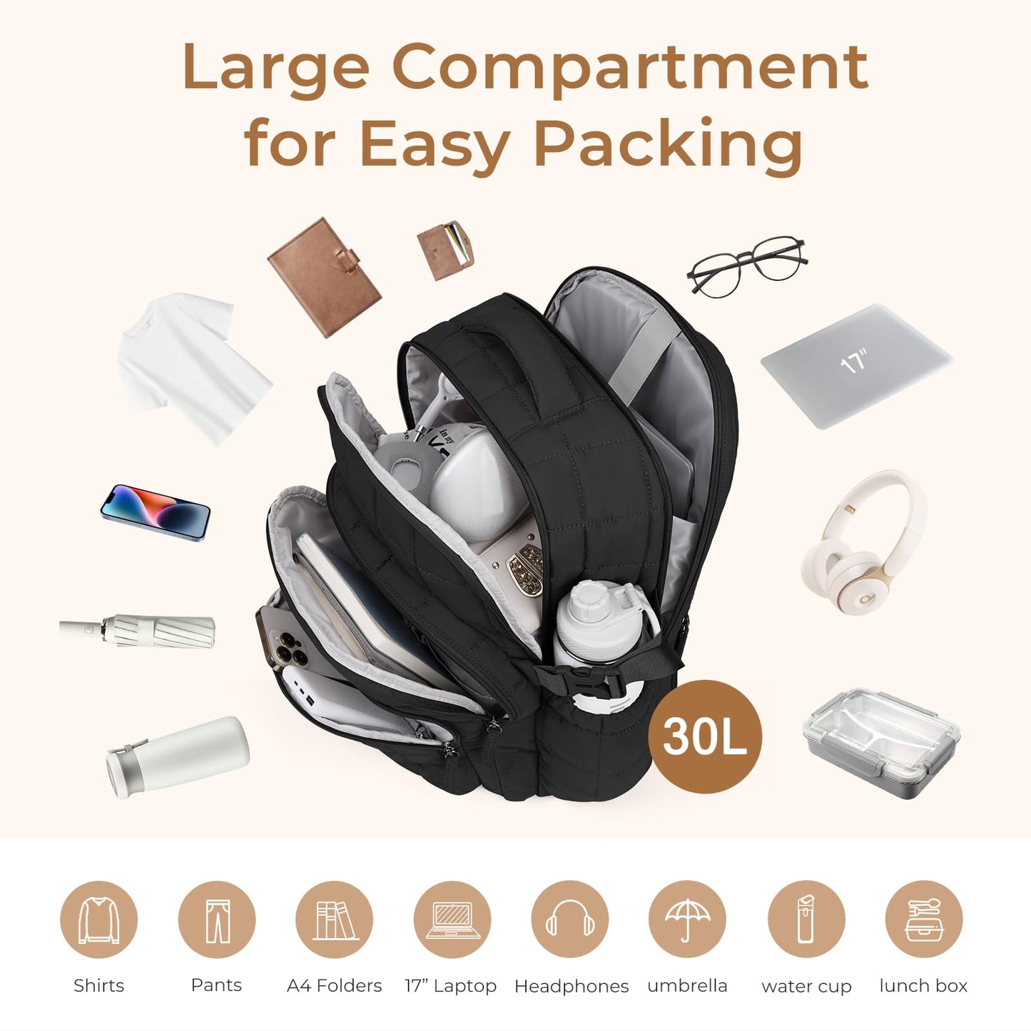 CLUCI 17.3 Inch Laptop Backpack for Women Anti Theft Travel Puffer Quilted Backpack Water Resistant College bag with RFID (Black)